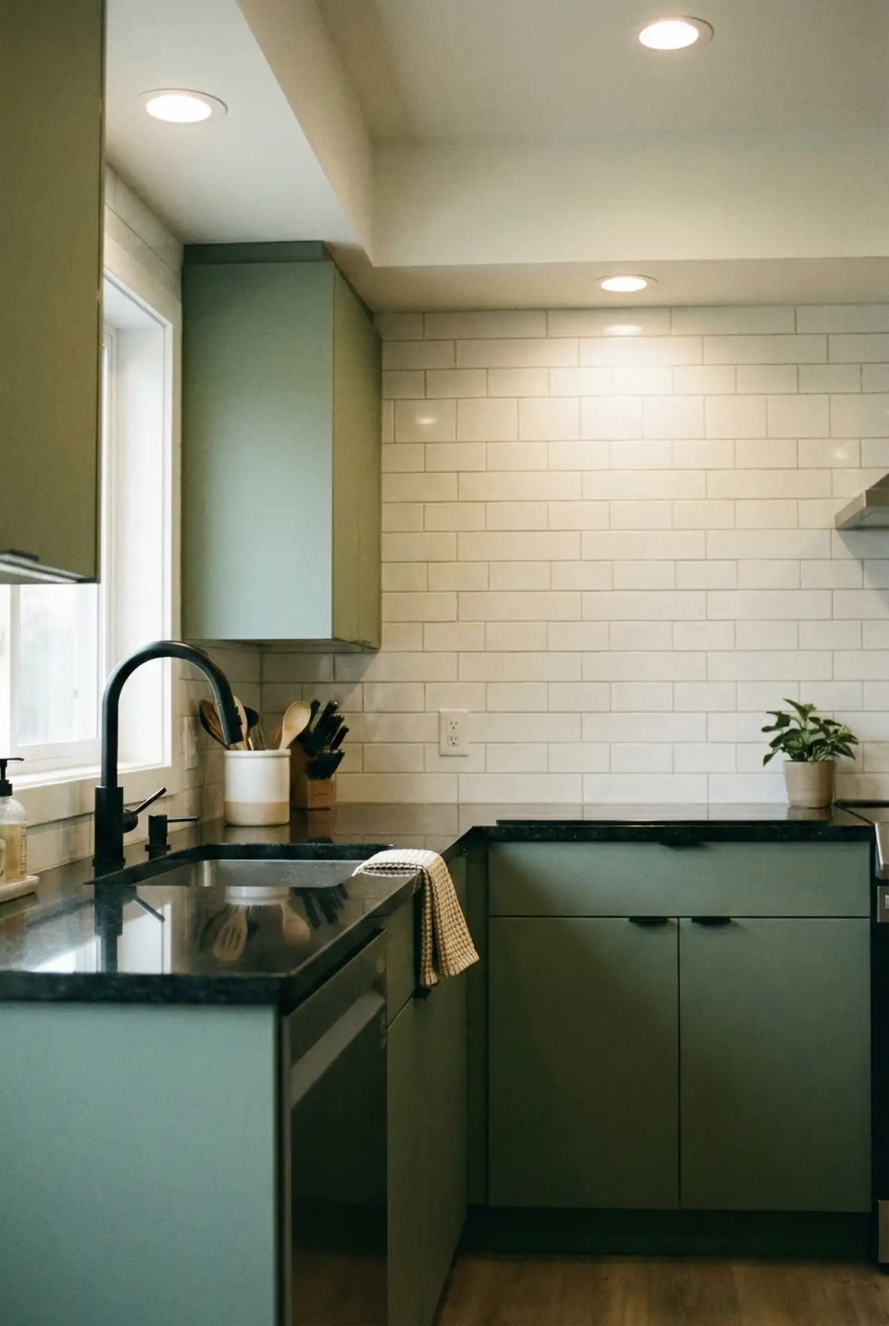 Sage Green Cabinets with Black Granite Countertops 2
