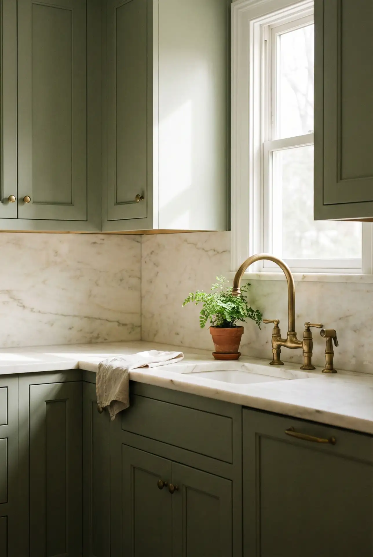 Sage Green Cupboards with Marble Backsplash 1