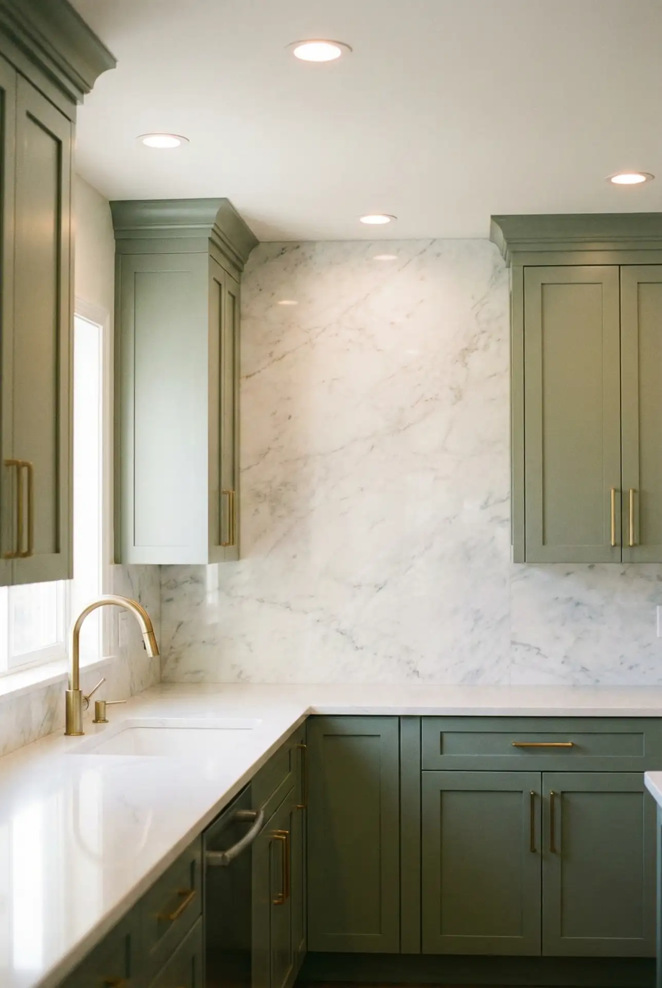 Sage Green Cupboards with Marble Backsplash 2
