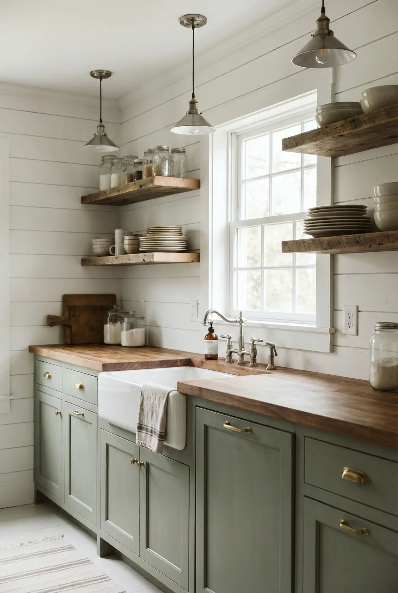 Sage Green Farmhouse Kitchen with Open Shelving 1
