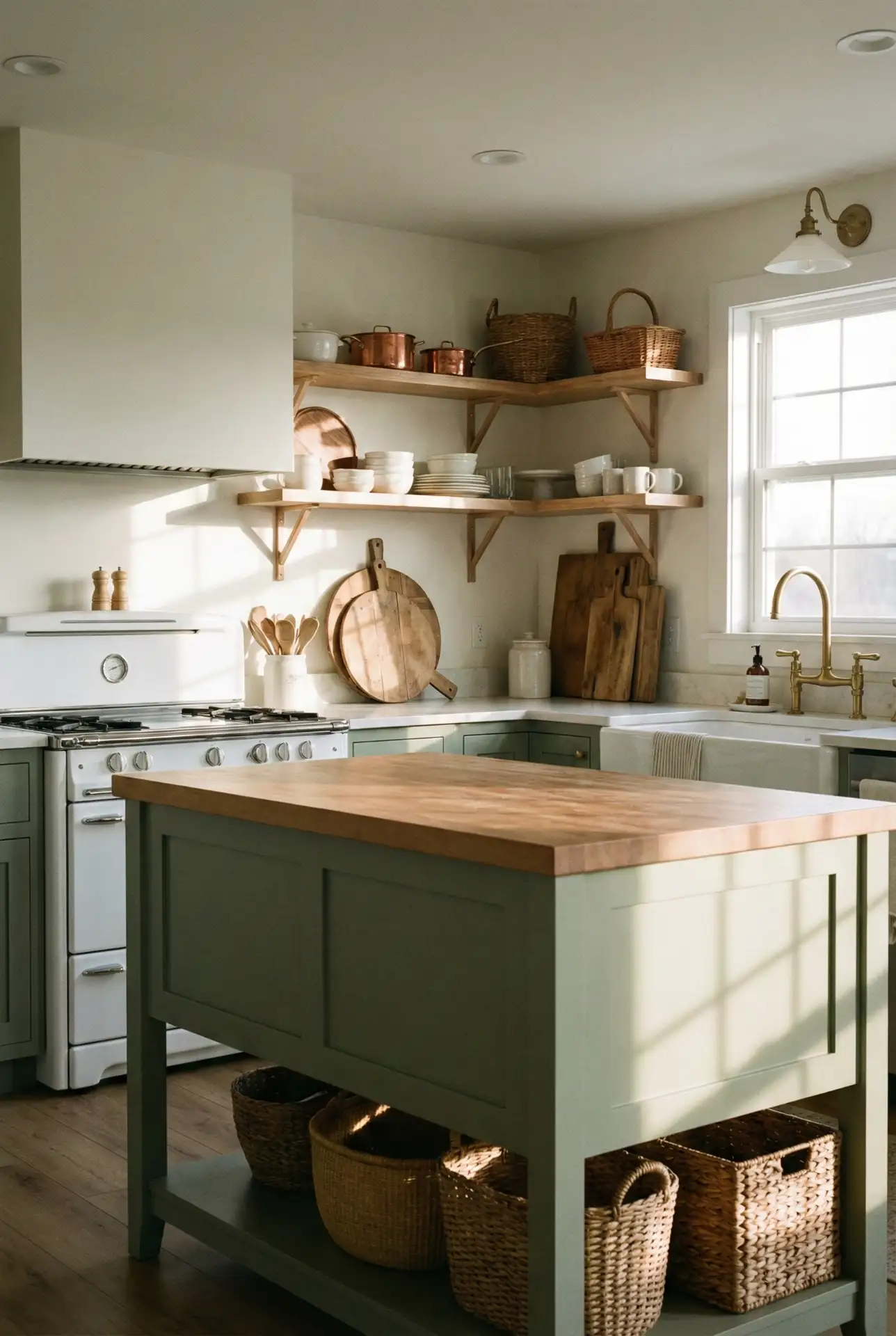 Sage Green Farmhouse Kitchen with Open Shelving 2