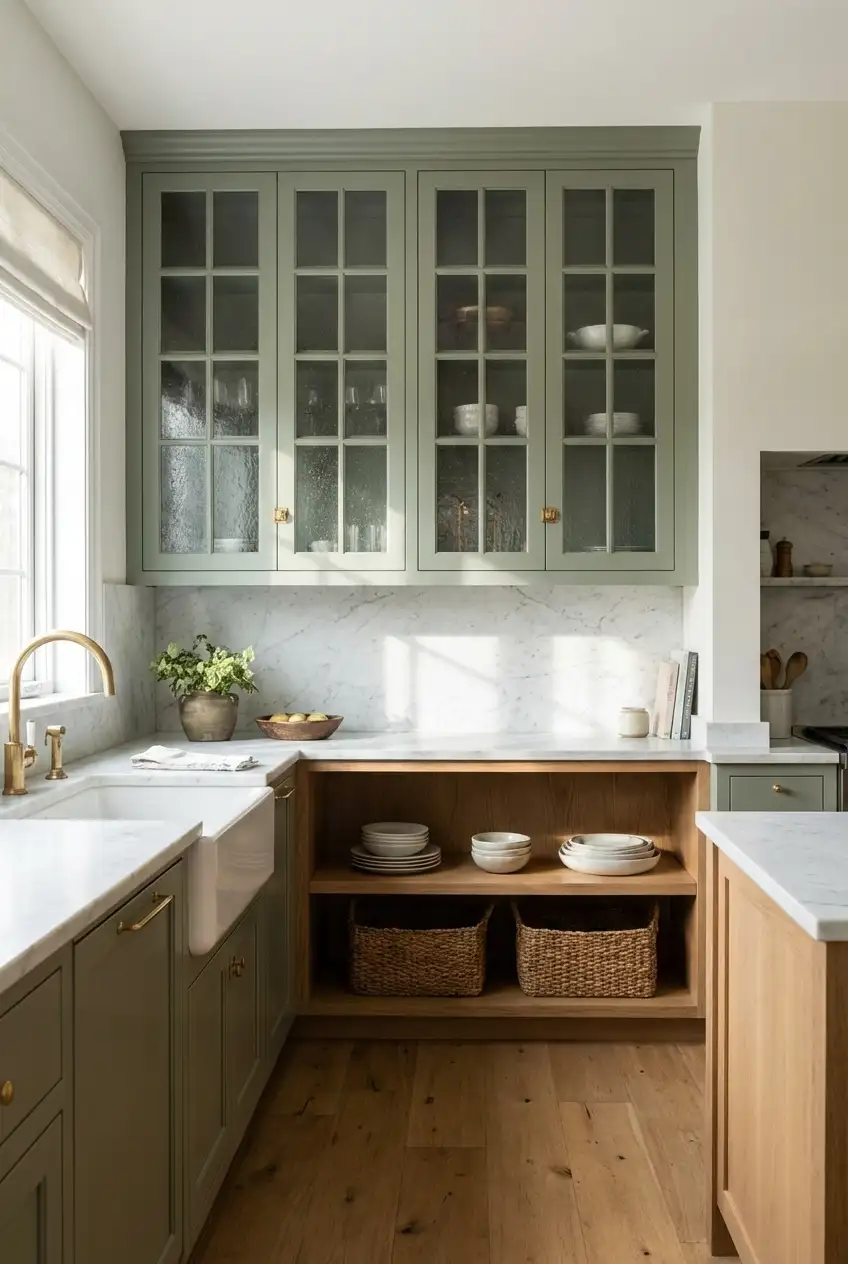 Sage Green Glass-Front Cabinets 1