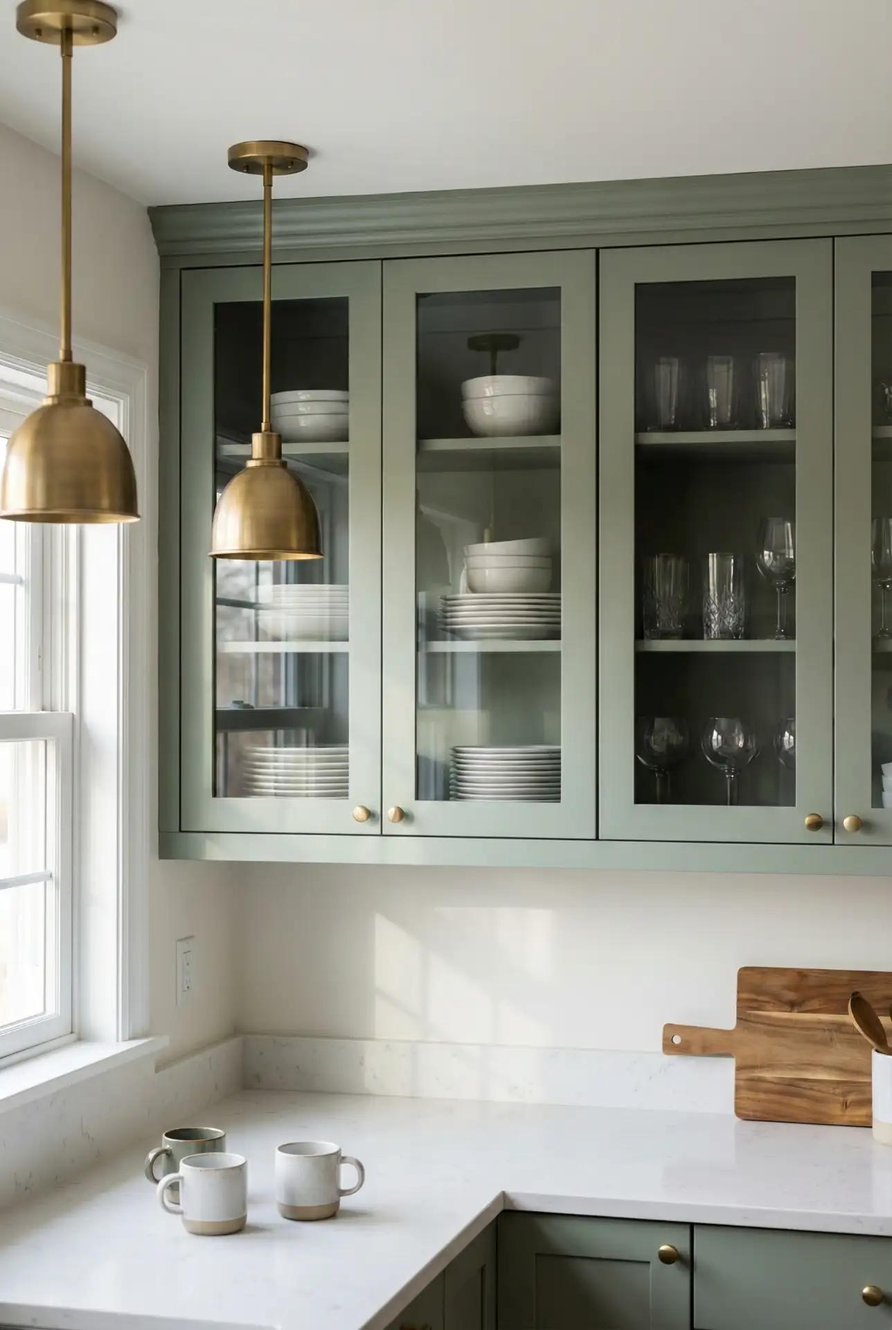 Sage Green Glass-Front Cabinets 2