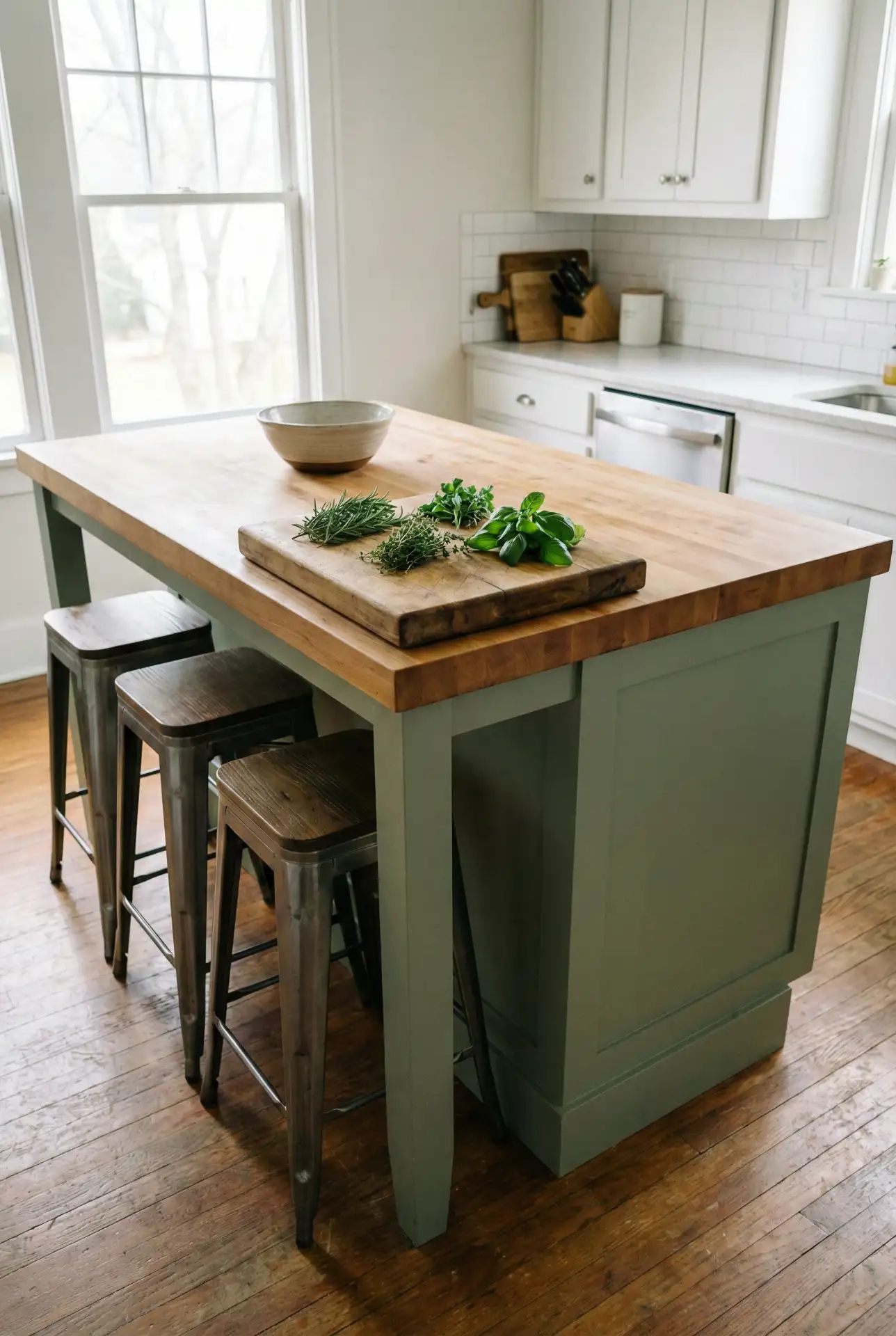 Sage Green Kitchen Island with Butcher Block Top 1