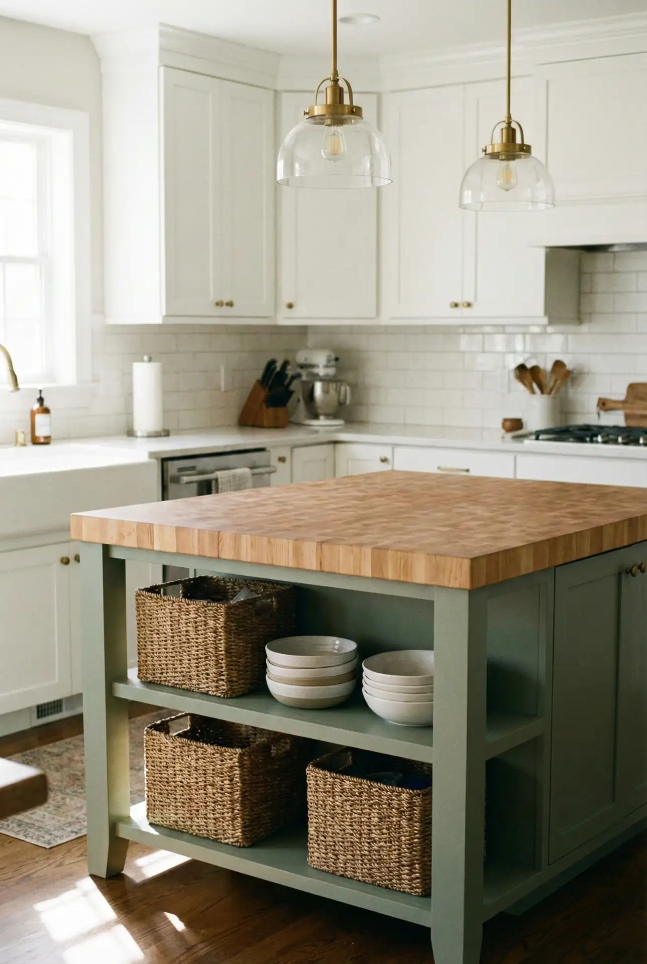 Sage Green Kitchen Island with Butcher Block Top 2