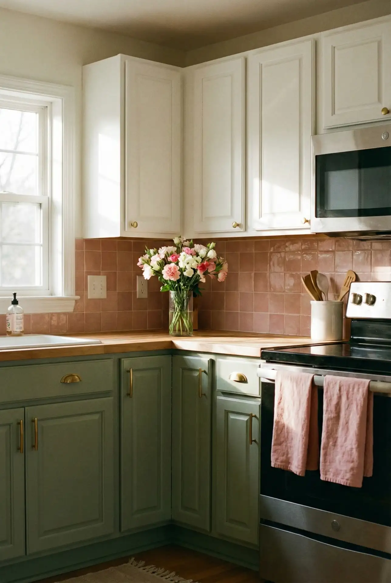 Sage Green Kitchen with Pink Accents 1