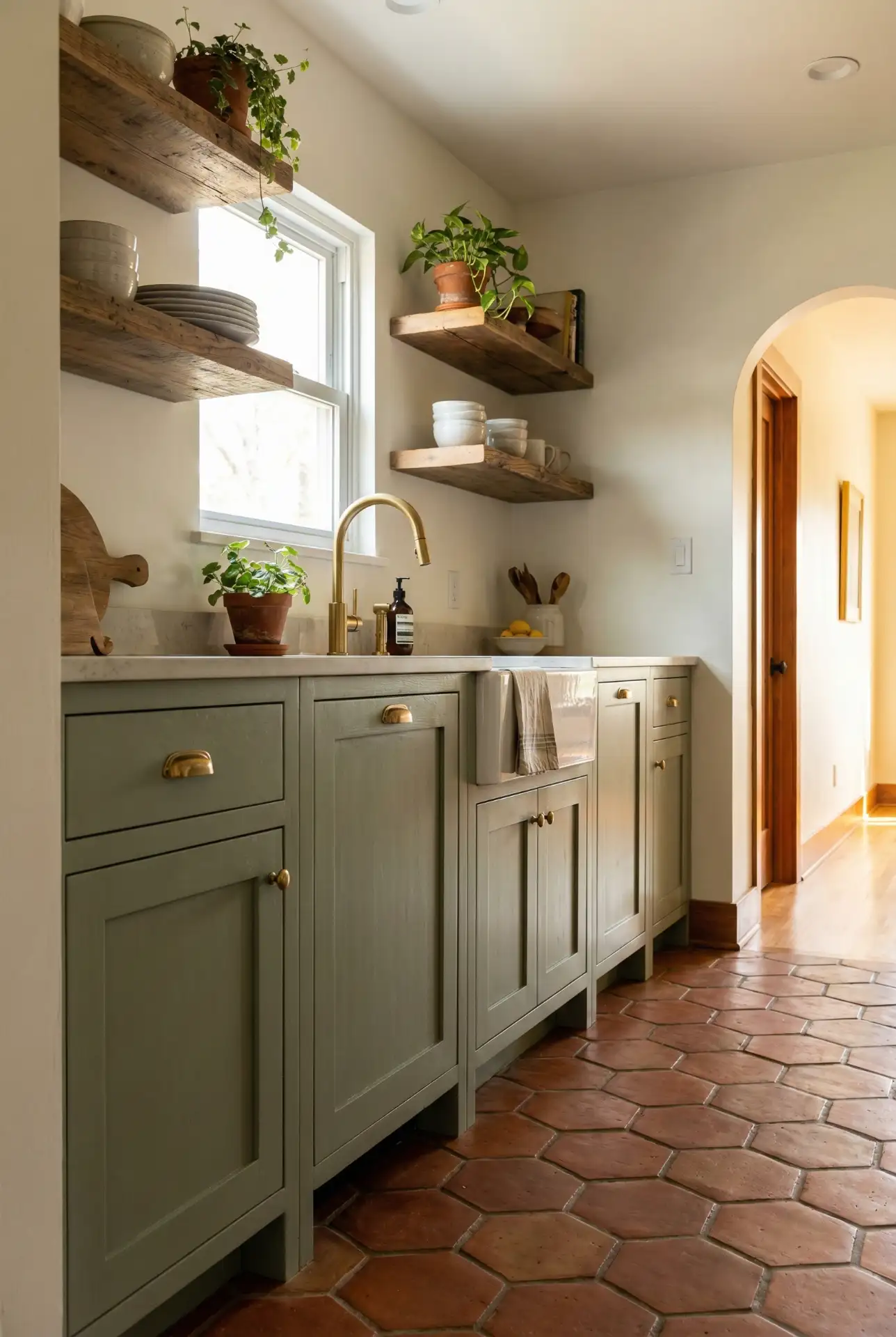 Sage Green Kitchen with Terracotta Tile Flooring 1