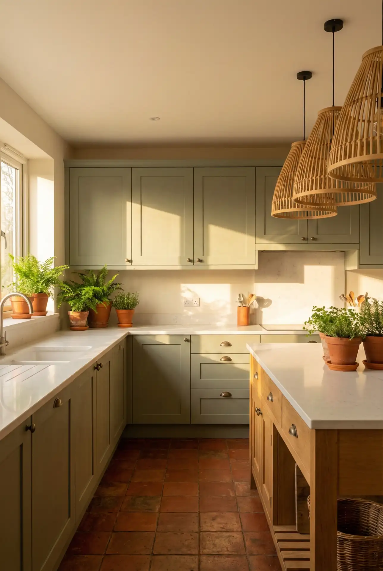 Sage Green Kitchen with Terracotta Tile Flooring 2