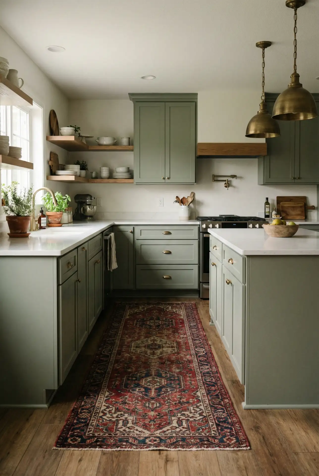 Sage Green Kitchen with Vintage Rug 1