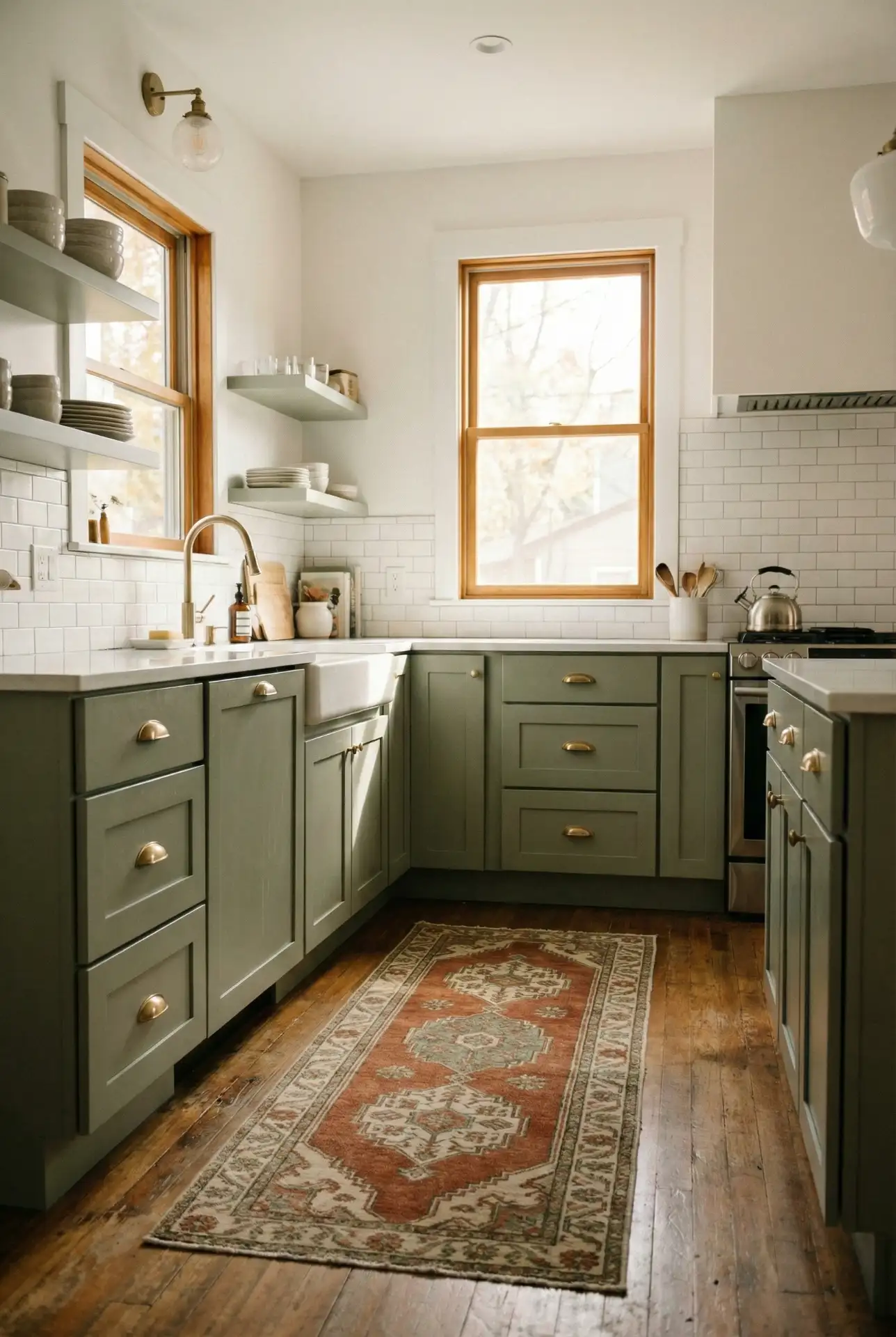 Sage Green Kitchen with Vintage Rug 2