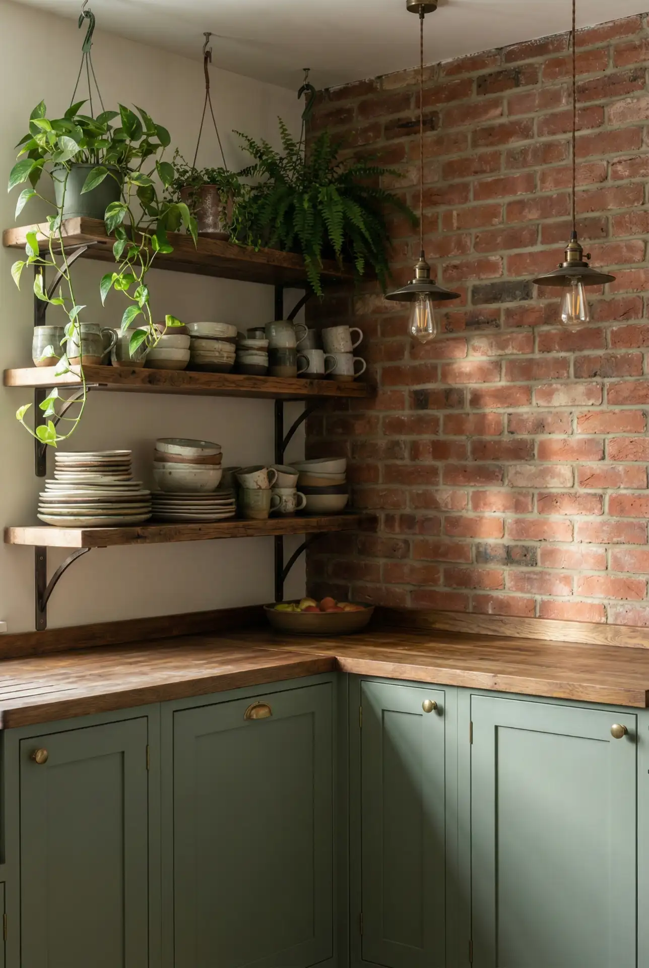 Sage Green Kitchen with Wood and Metal Shelving 1
