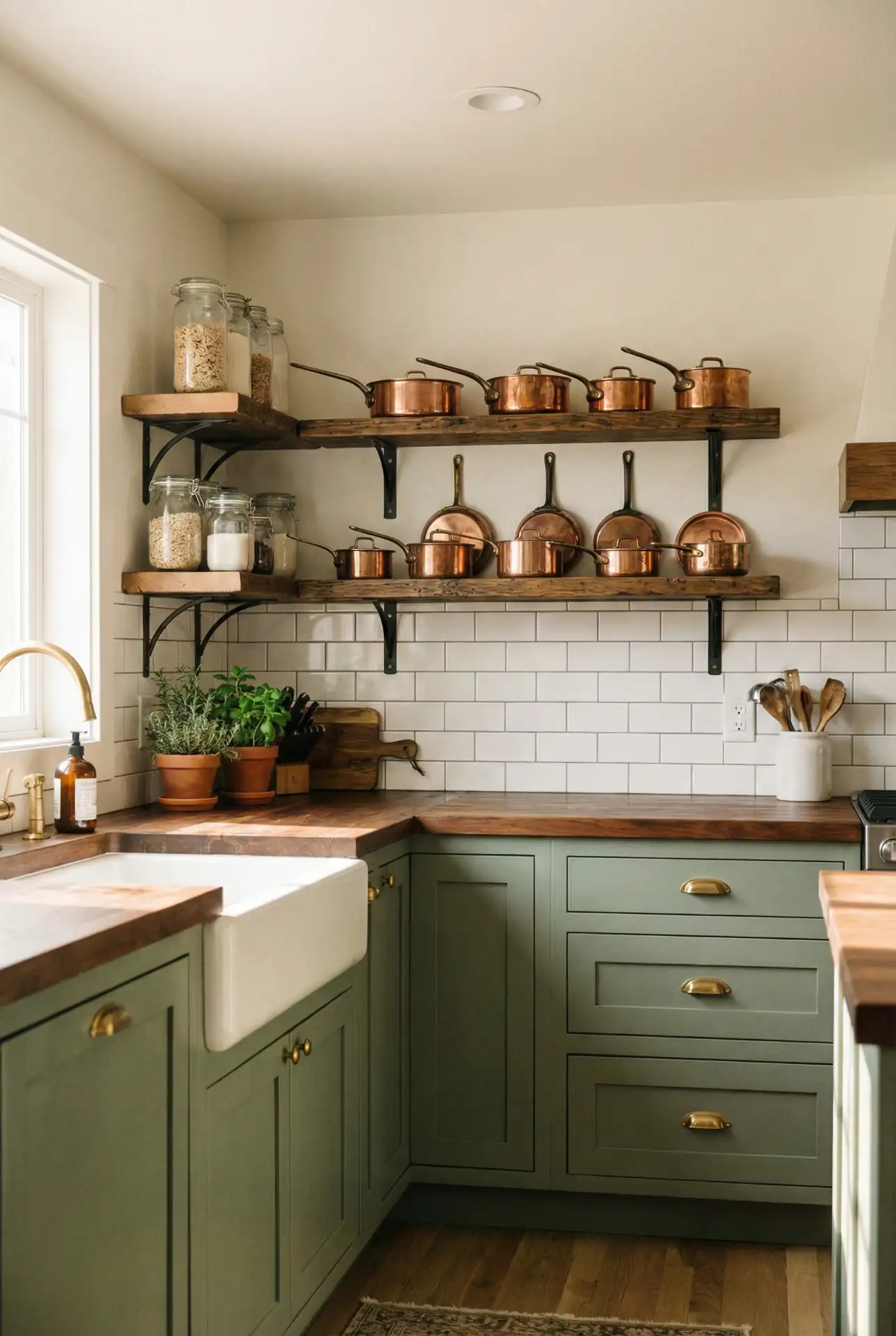 Sage Green Kitchen with Wood and Metal Shelving 2