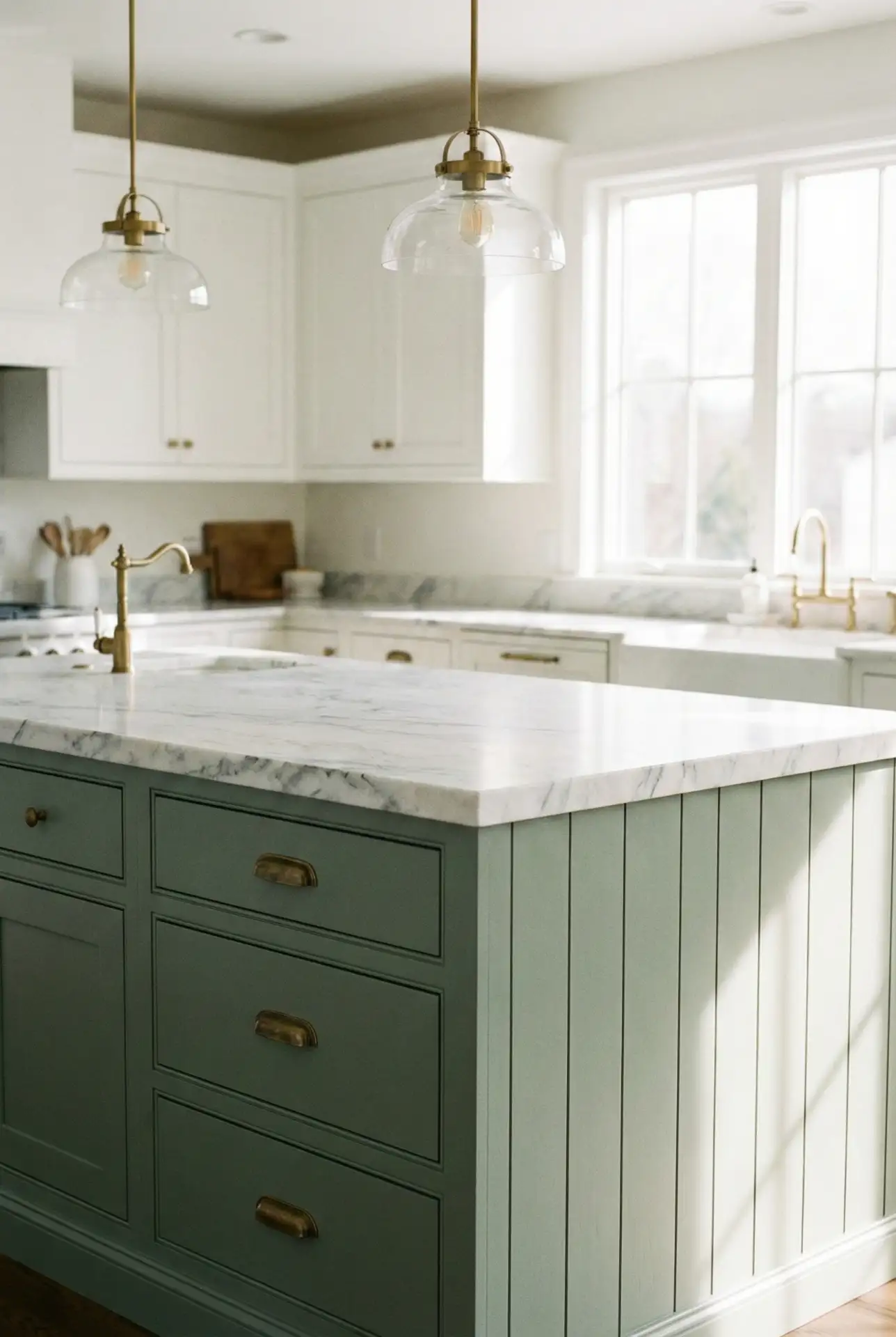 Sage Green Paneled Kitchen Island 1