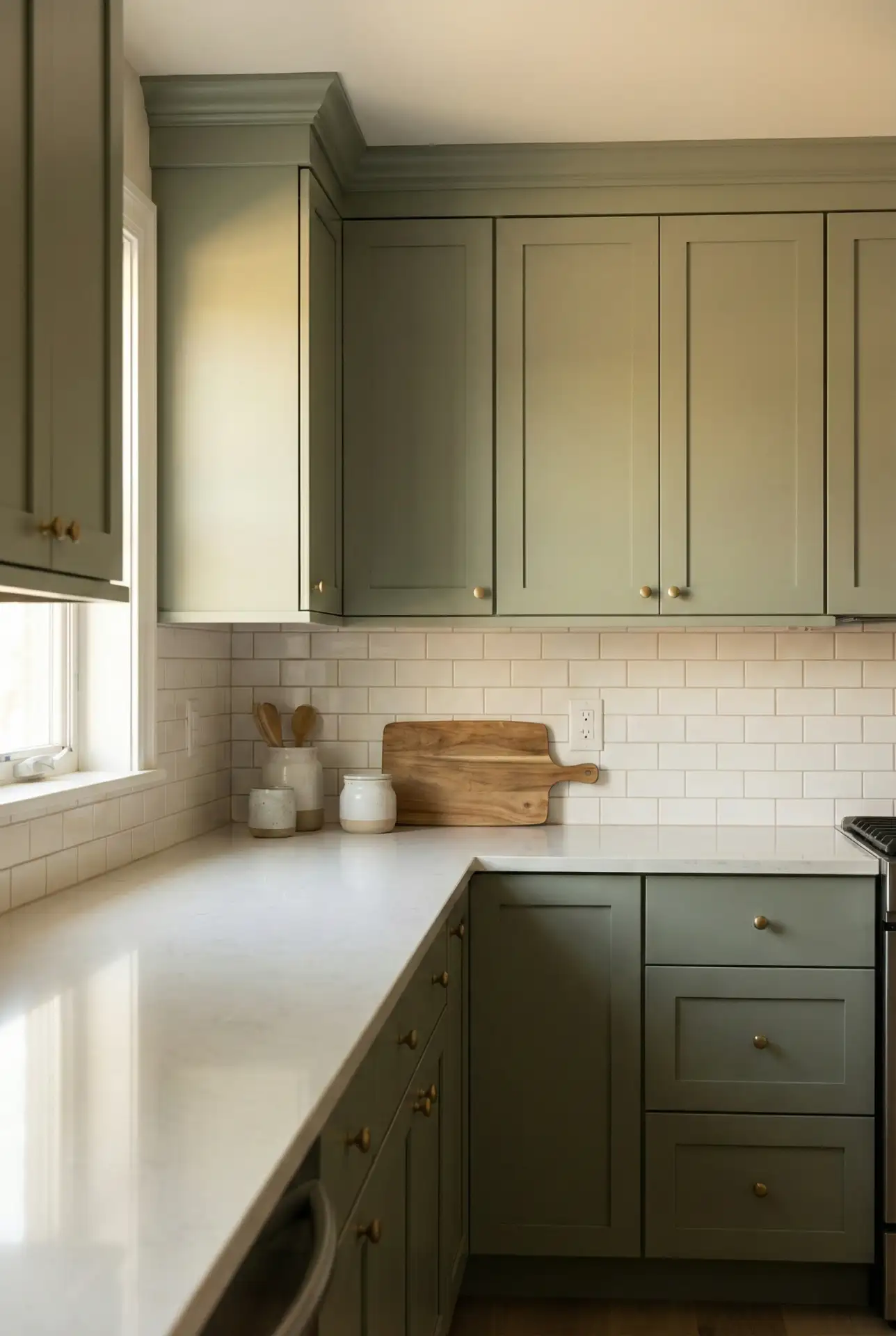 Sage Green Shaker Cabinets with Brass Hardware 1