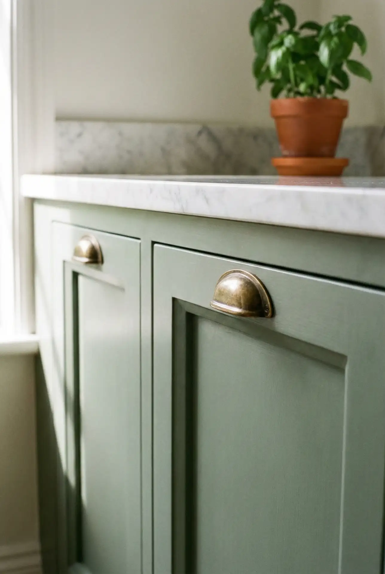 Sage Green Shaker Cabinets with Brass Hardware 2