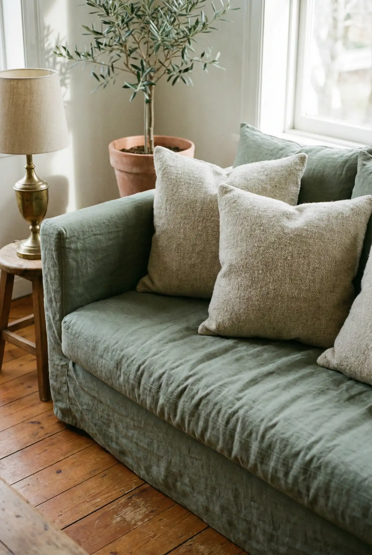 Sage Green Sofa with Warm Neutrals 1