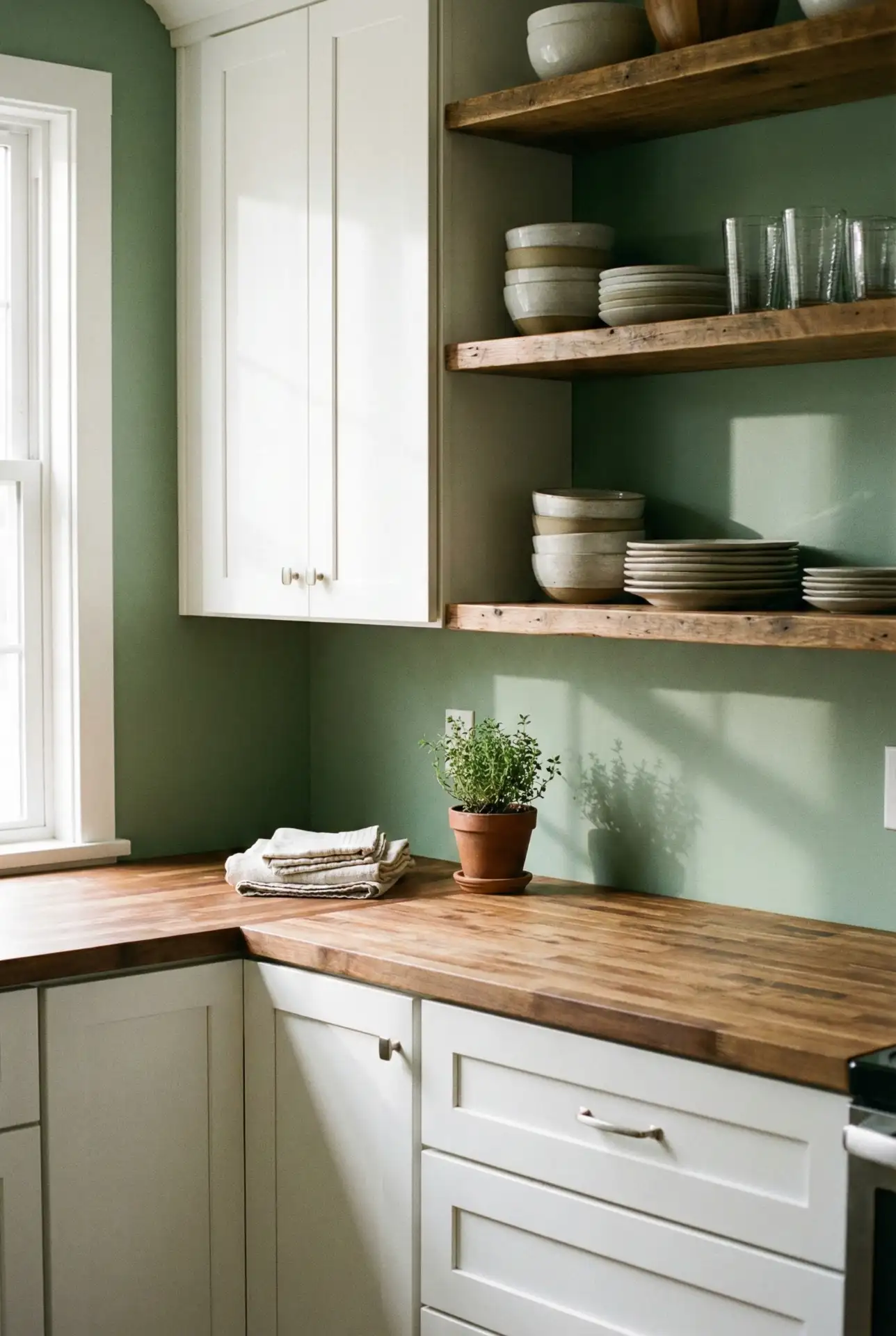 Sage Green Walls with White Cabinets 1