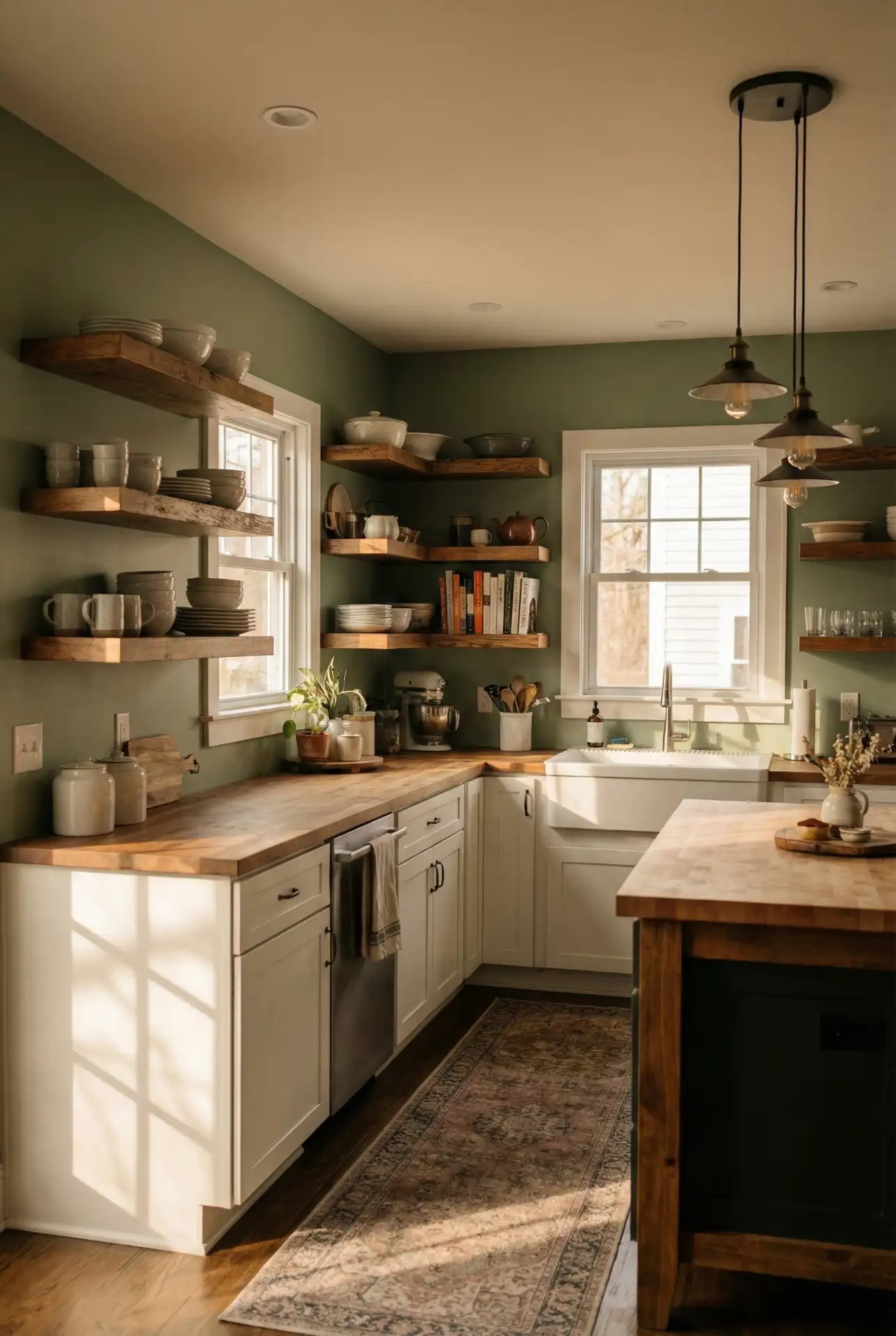 Sage Green Walls with White Cabinets 2