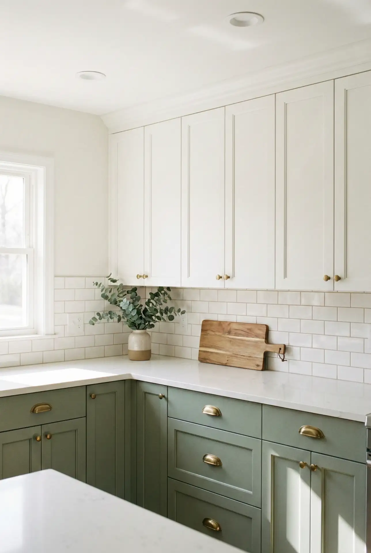 Sage Green and White Two-Tone Cabinets 1