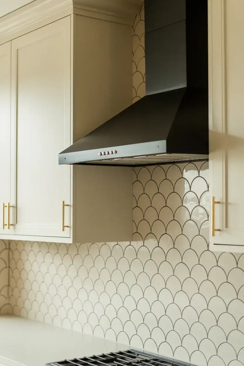 Scalloped White Tile Backsplash with Black Grout 1