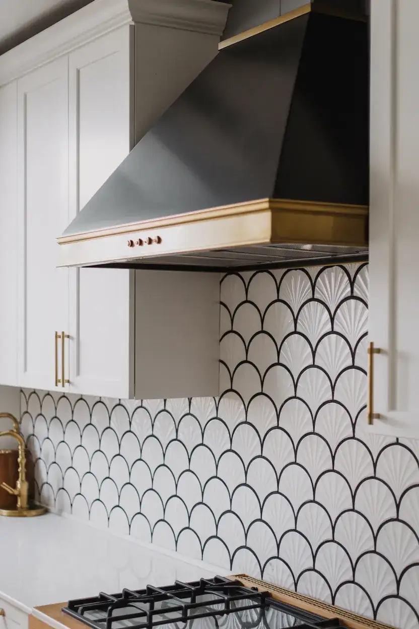 Scalloped White Tile Backsplash with Black Grout 2