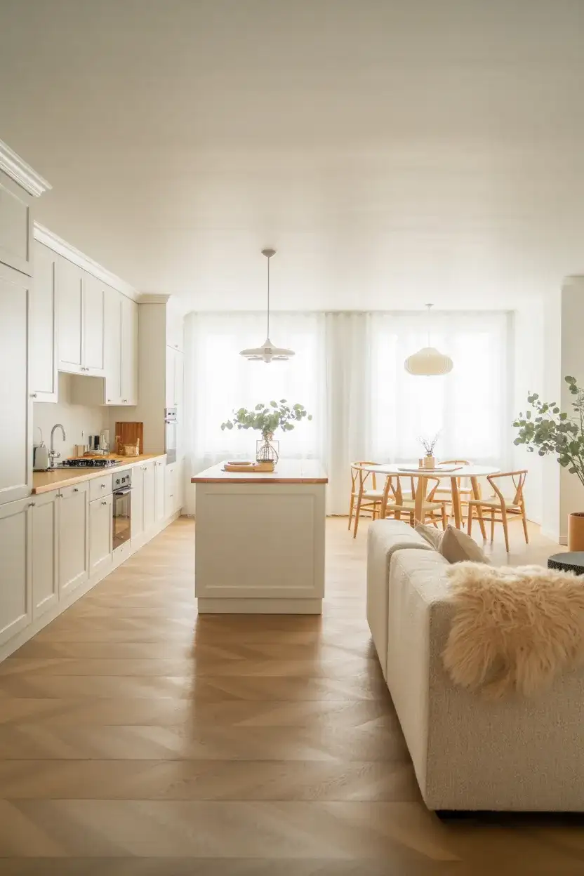 Scandinavian White Kitchen Open to a Cozy Den 1