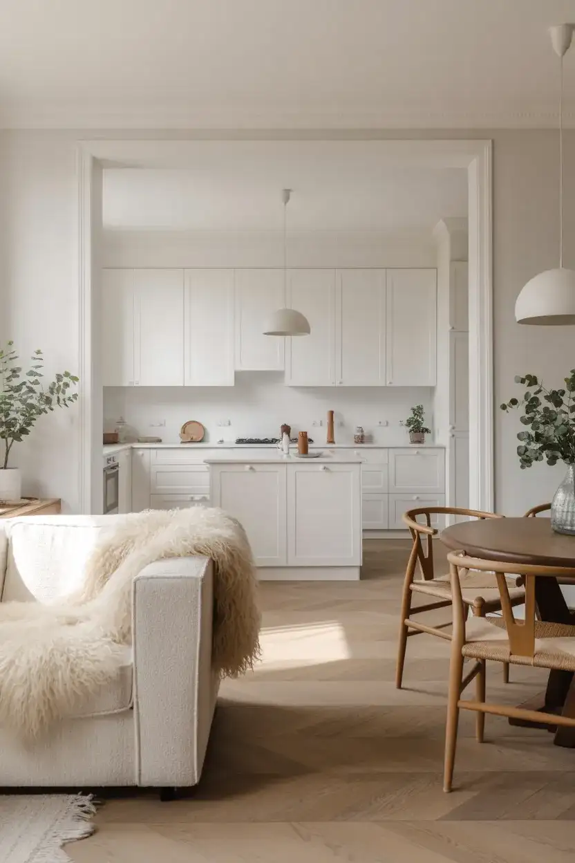 Scandinavian White Kitchen Open to a Cozy Den 2