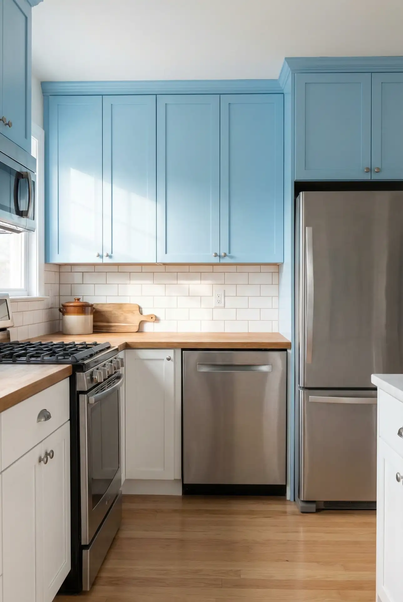 Sky Blue Upper Cabinets with White Lowers 1