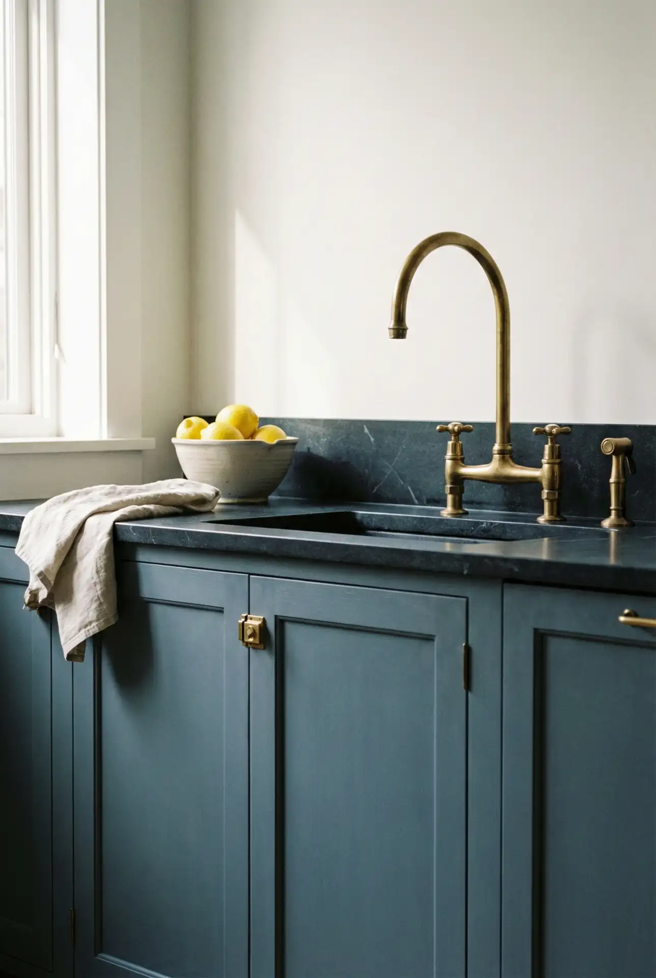 Slate Blue Cabinets with Black Countertops 1