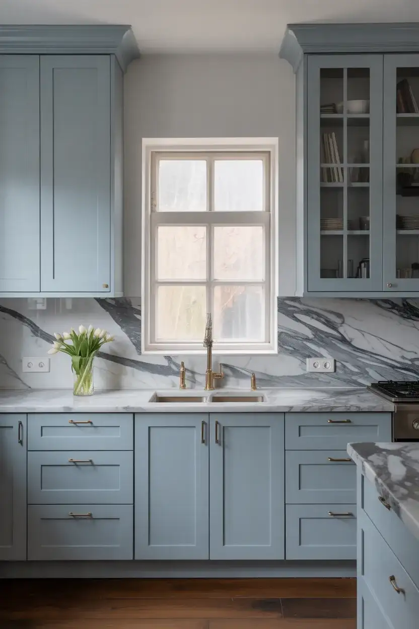 Soft Blue-Gray Cabinets With Marble Backsplash 1