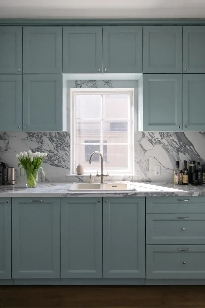Soft Blue-Gray Cabinets With Marble Backsplash 2