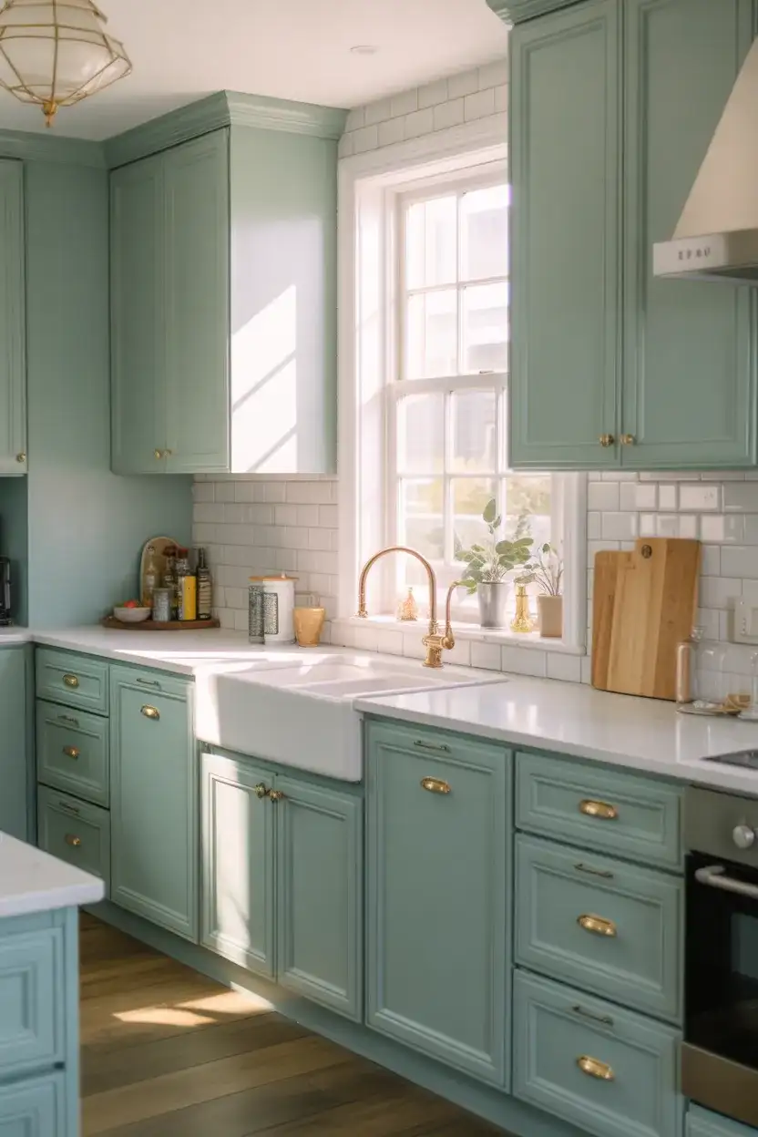 Soft Blue-Green Painted Cabinets 1