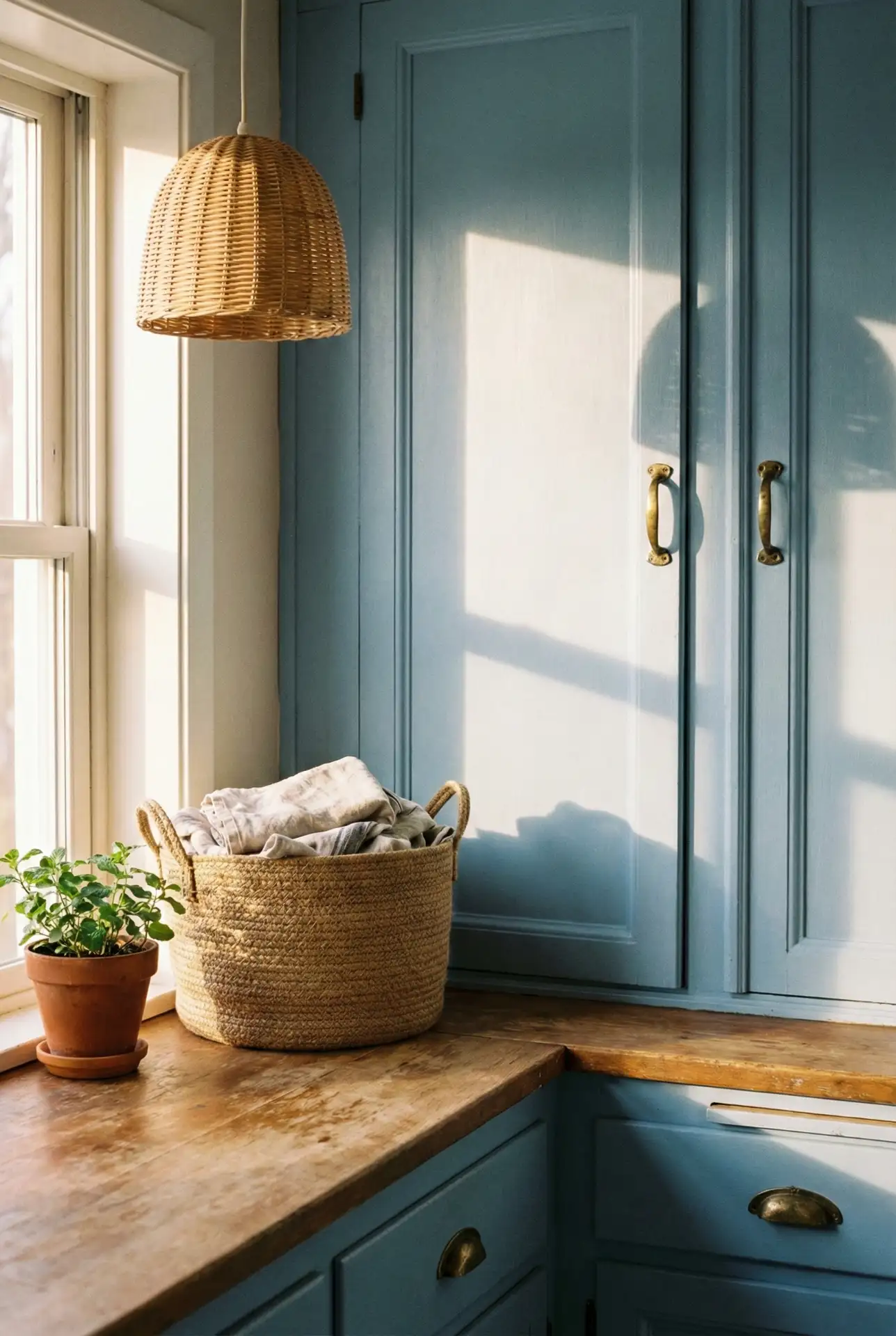 Soft Blue Kitchen with Rattan and Wicker Accents 1