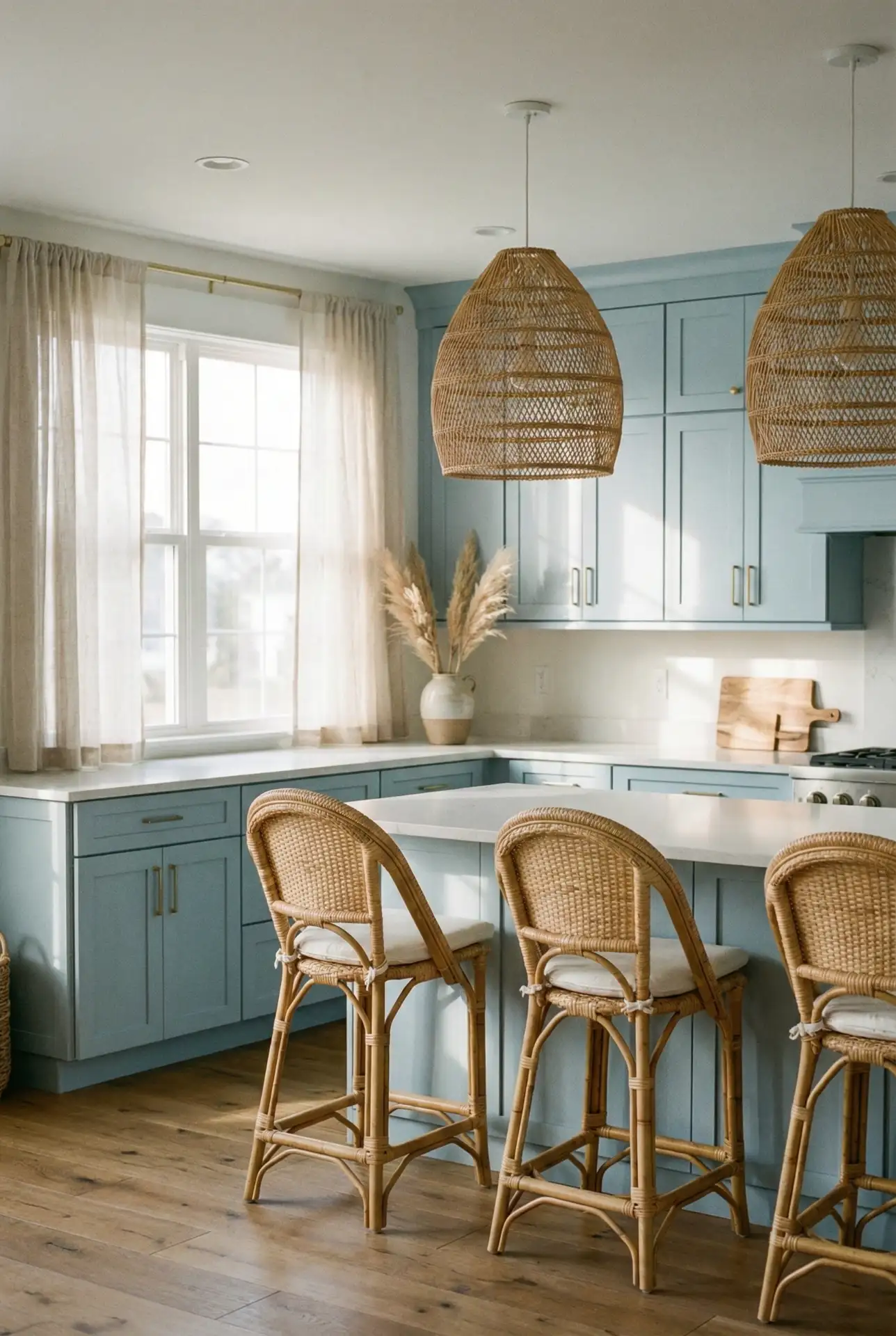 Soft Blue Kitchen with Rattan and Wicker Accents 2