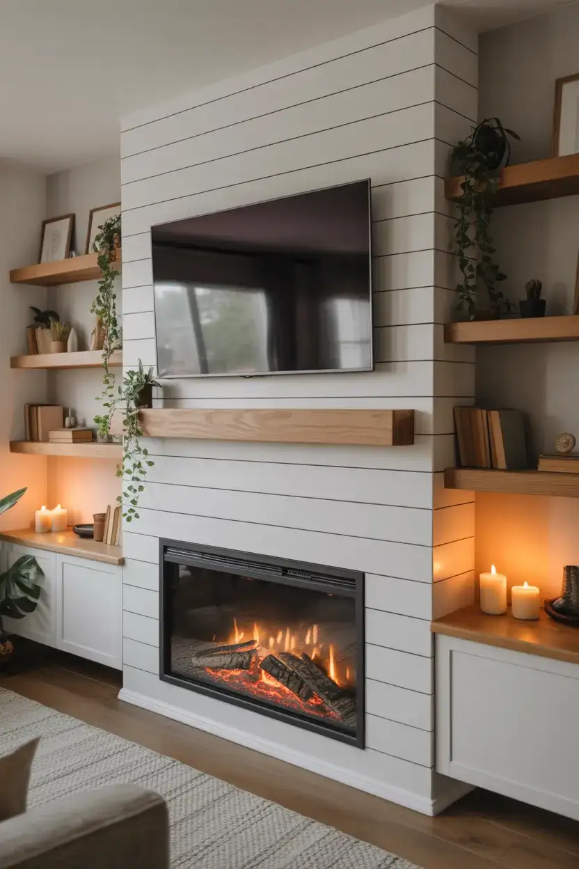 TV Wall with Fireplace and Floating Shelves 1