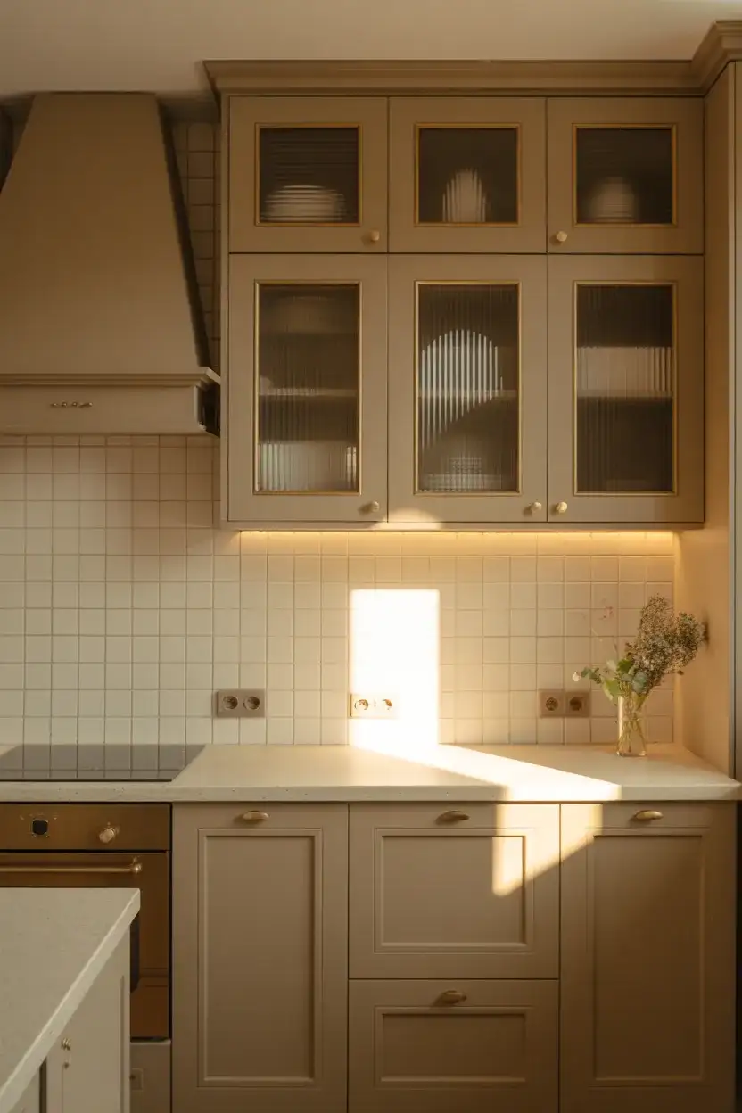 Taupe Cabinets With Fluted Glass Inserts 2