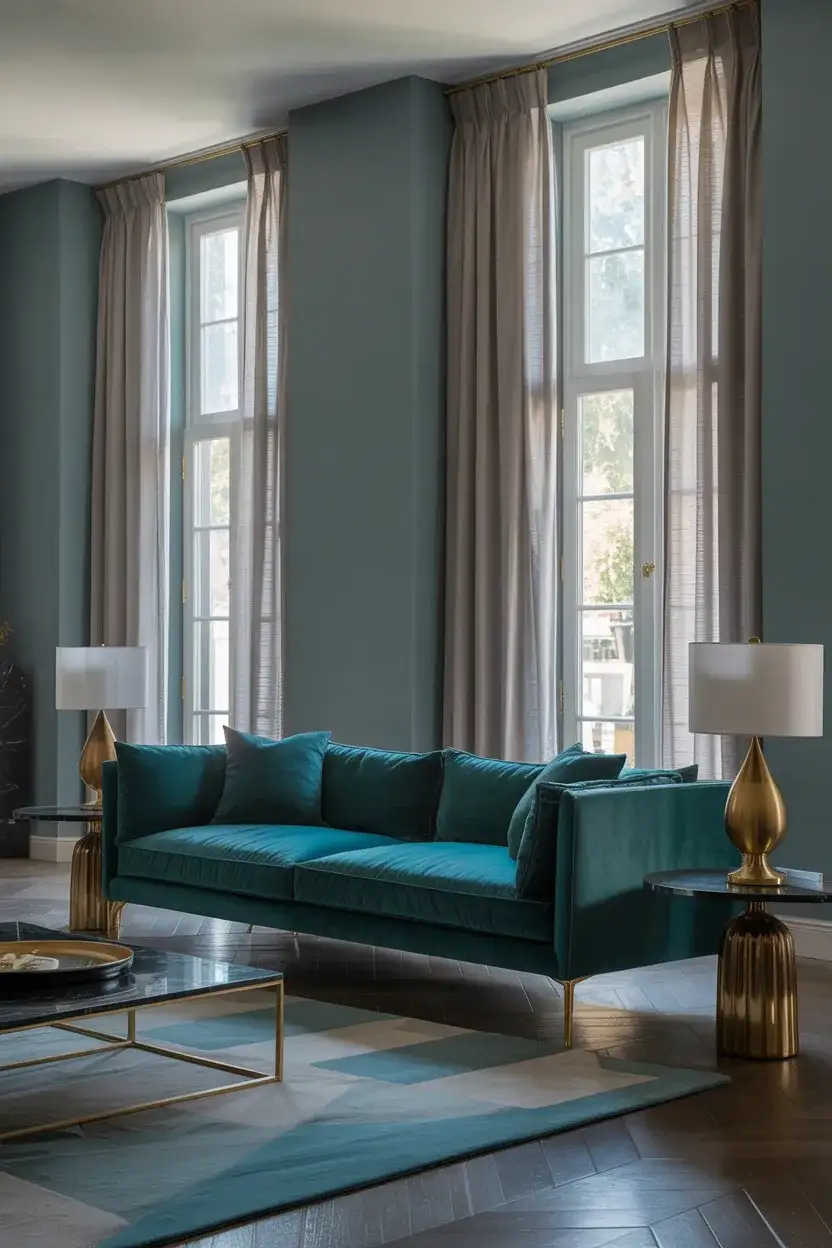 Teal and Grey Jewel-Tone Living Room 1