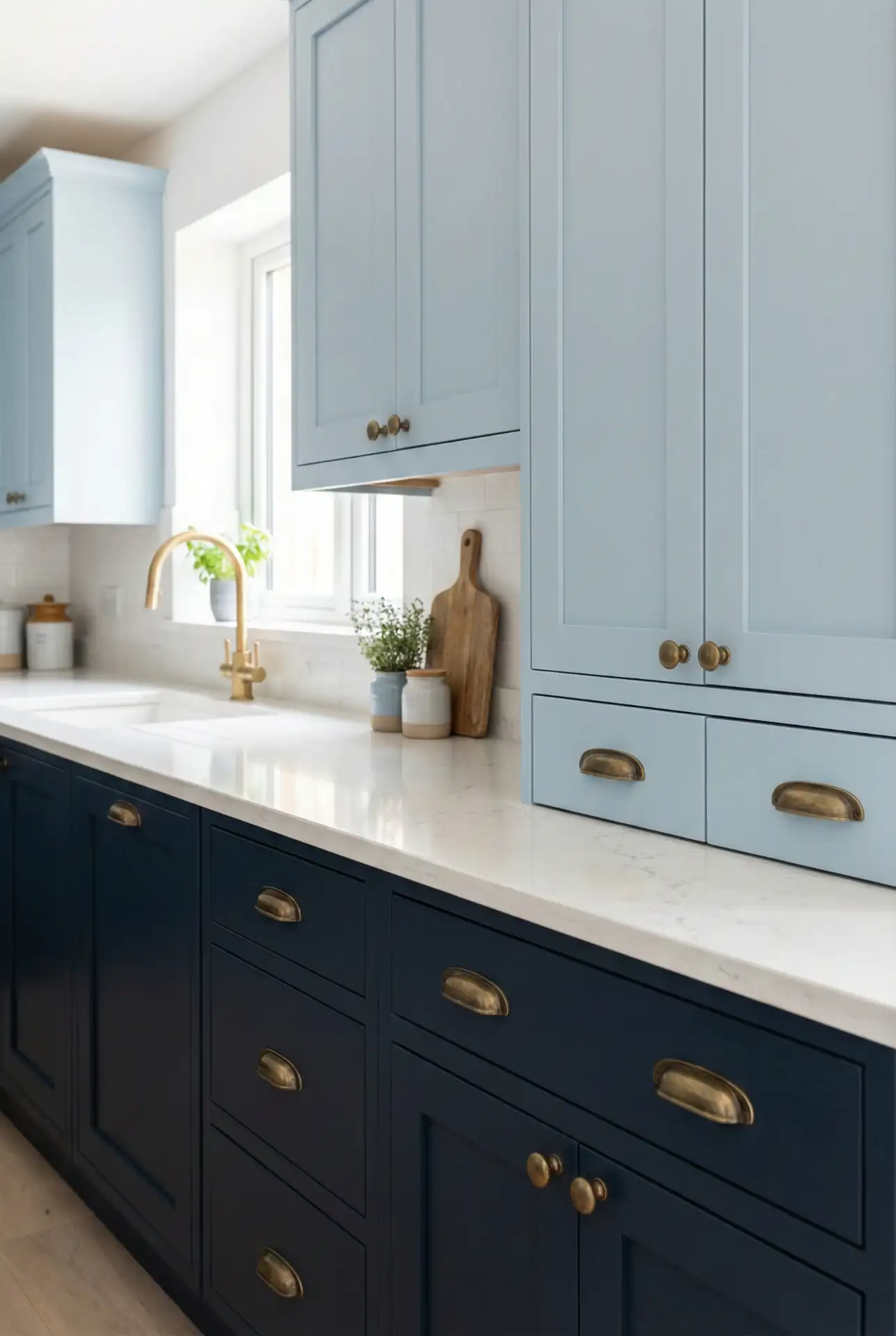 Two-Tone Blue Kitchen with Light Upper and Dark Lower Cabinets 1