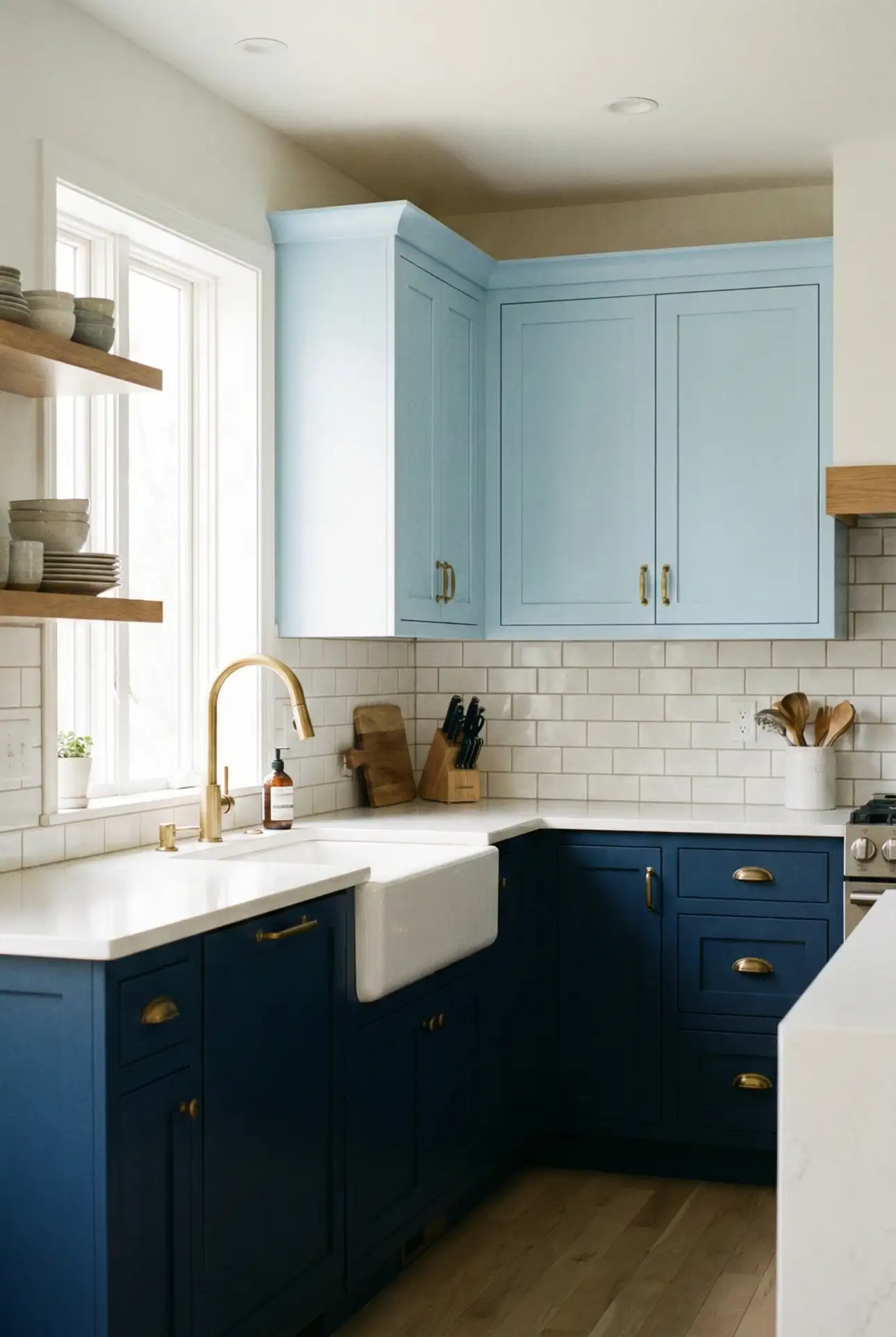Two-Tone Blue Kitchen with Light Upper and Dark Lower Cabinets 2