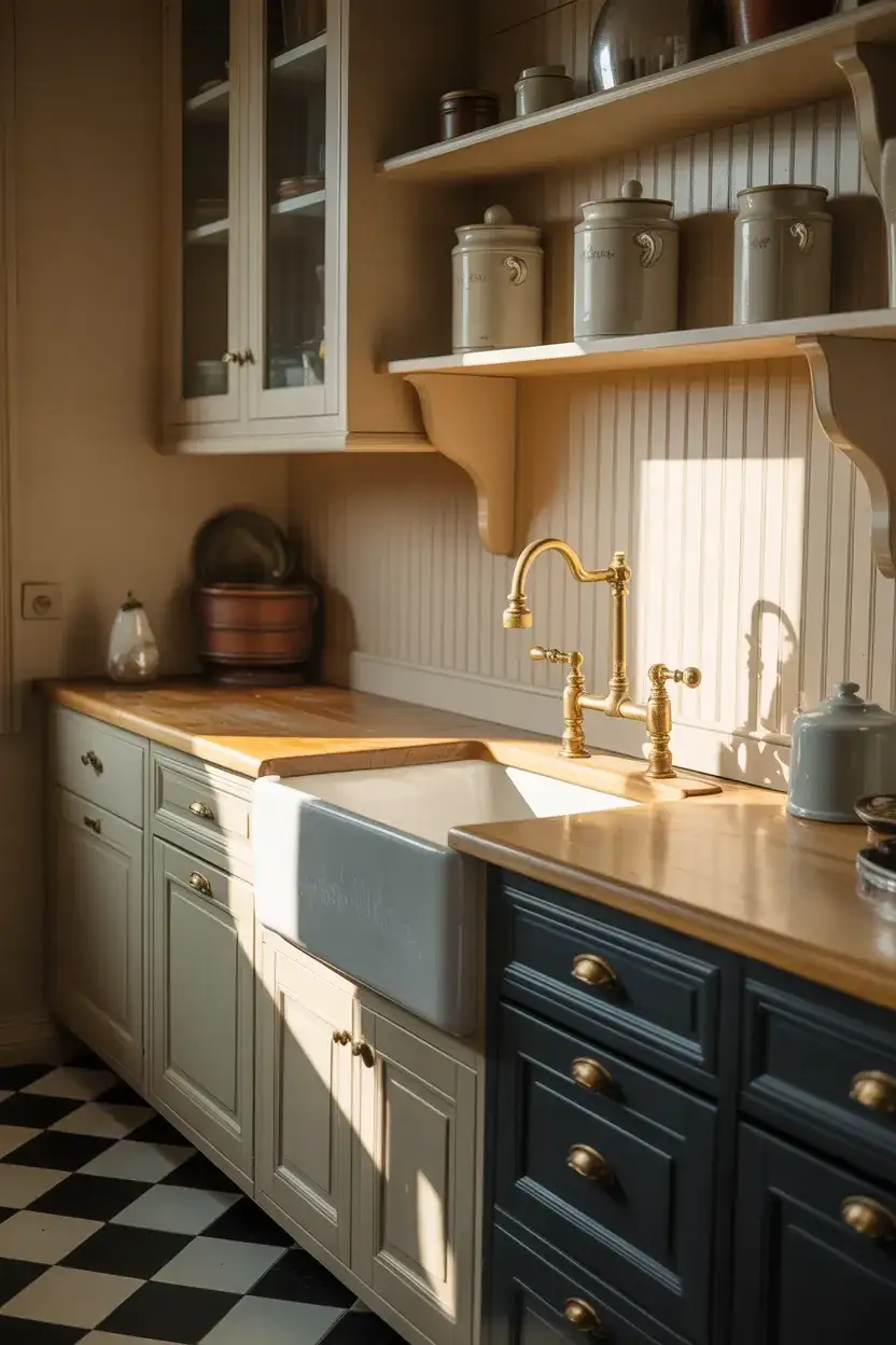 Vintage Black and White Kitchen with Antique Accents 1