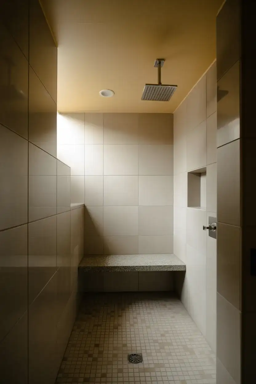 Walk-In Shower with Built-In Stone Bench 1