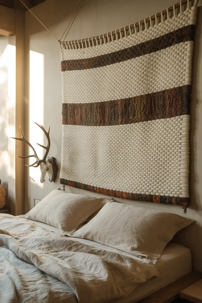 Wall Decor with Woven Tapestries and Antlers 1