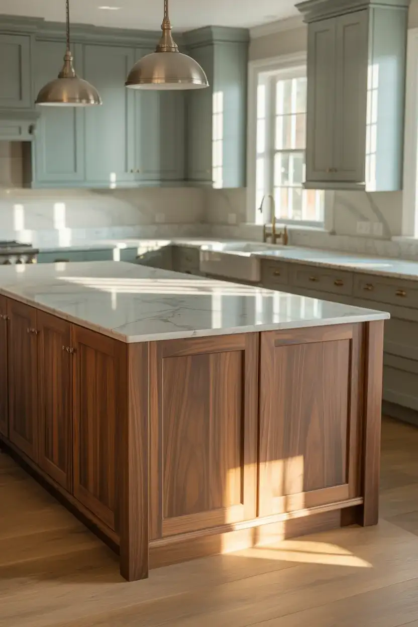 Walnut Island With Painted Perimeter Cabinets 1