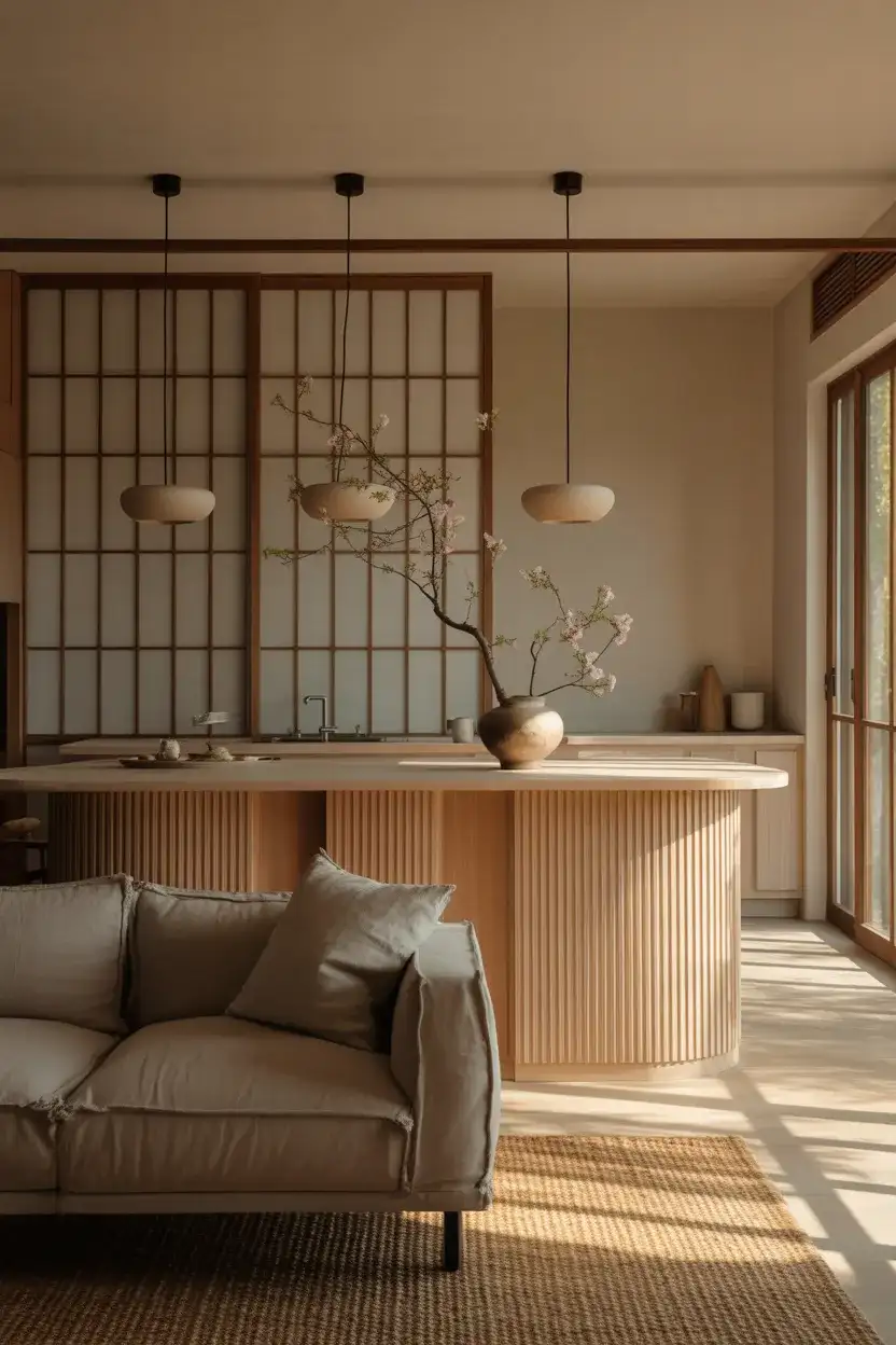 Warm Japandi Kitchen With Living Room Flow 1