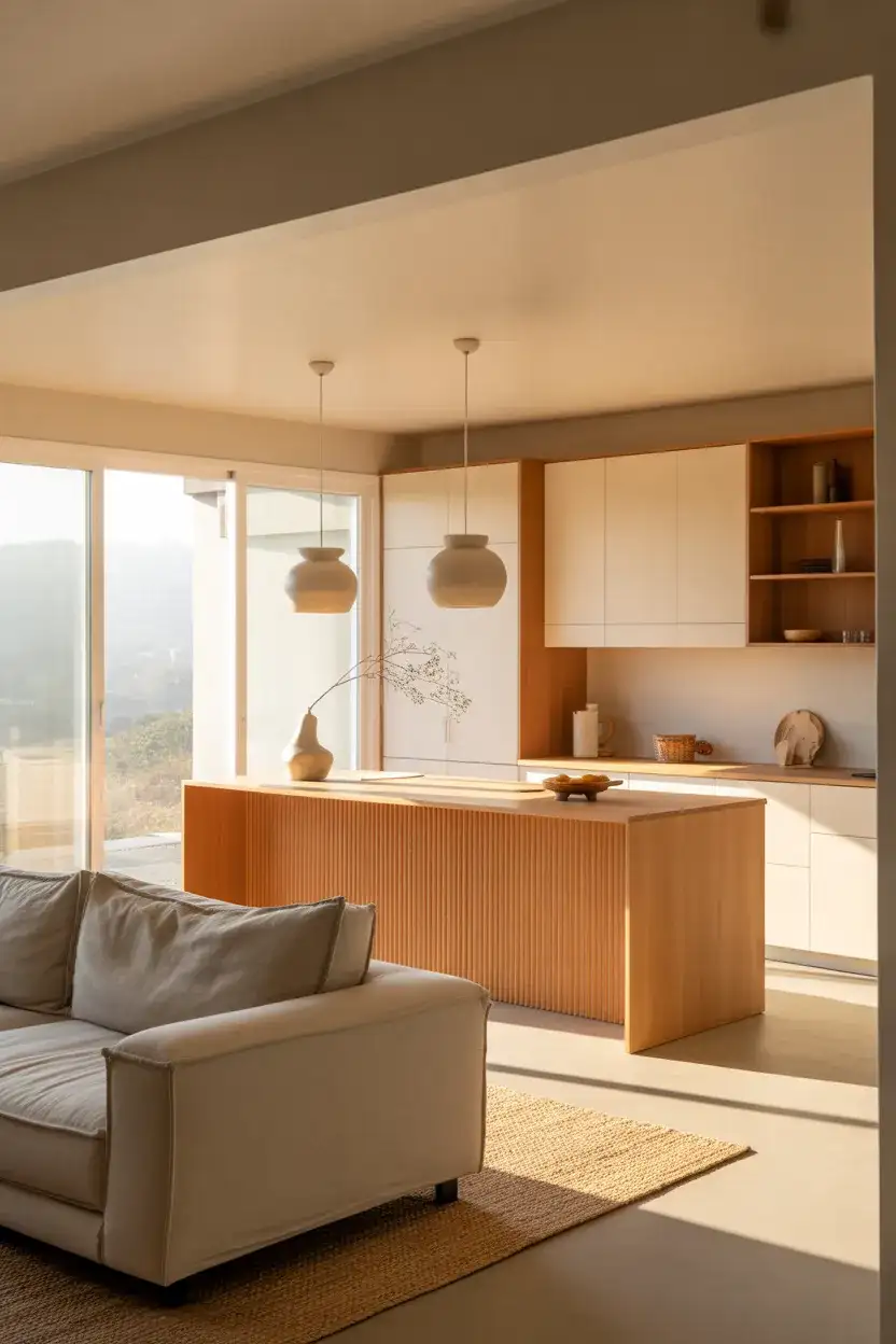 Warm Japandi Kitchen With Living Room Flow 2