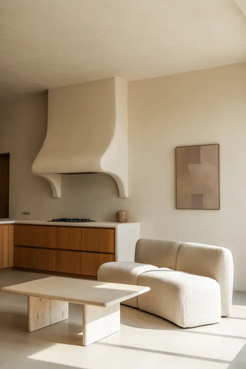 Warm Minimalist Open Kitchen and Living Space 1