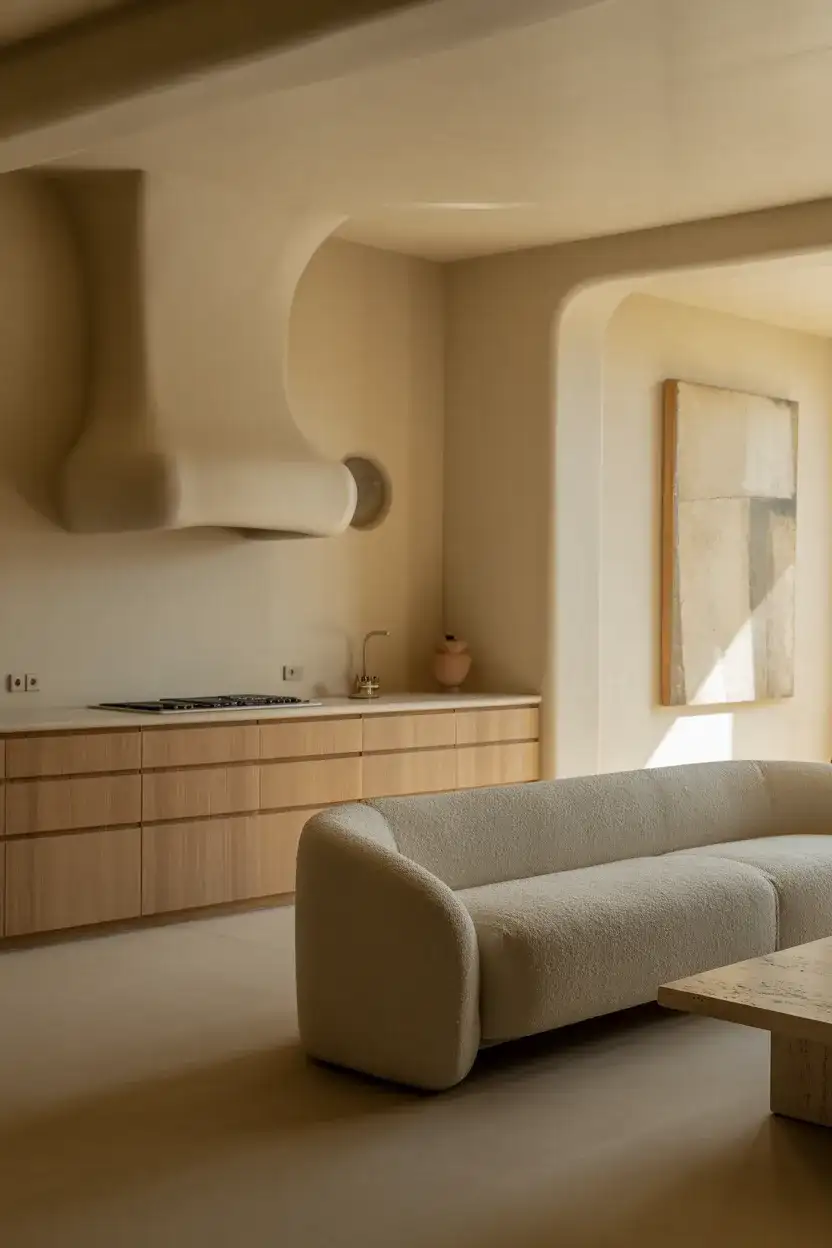 Warm Minimalist Open Kitchen and Living Space 2