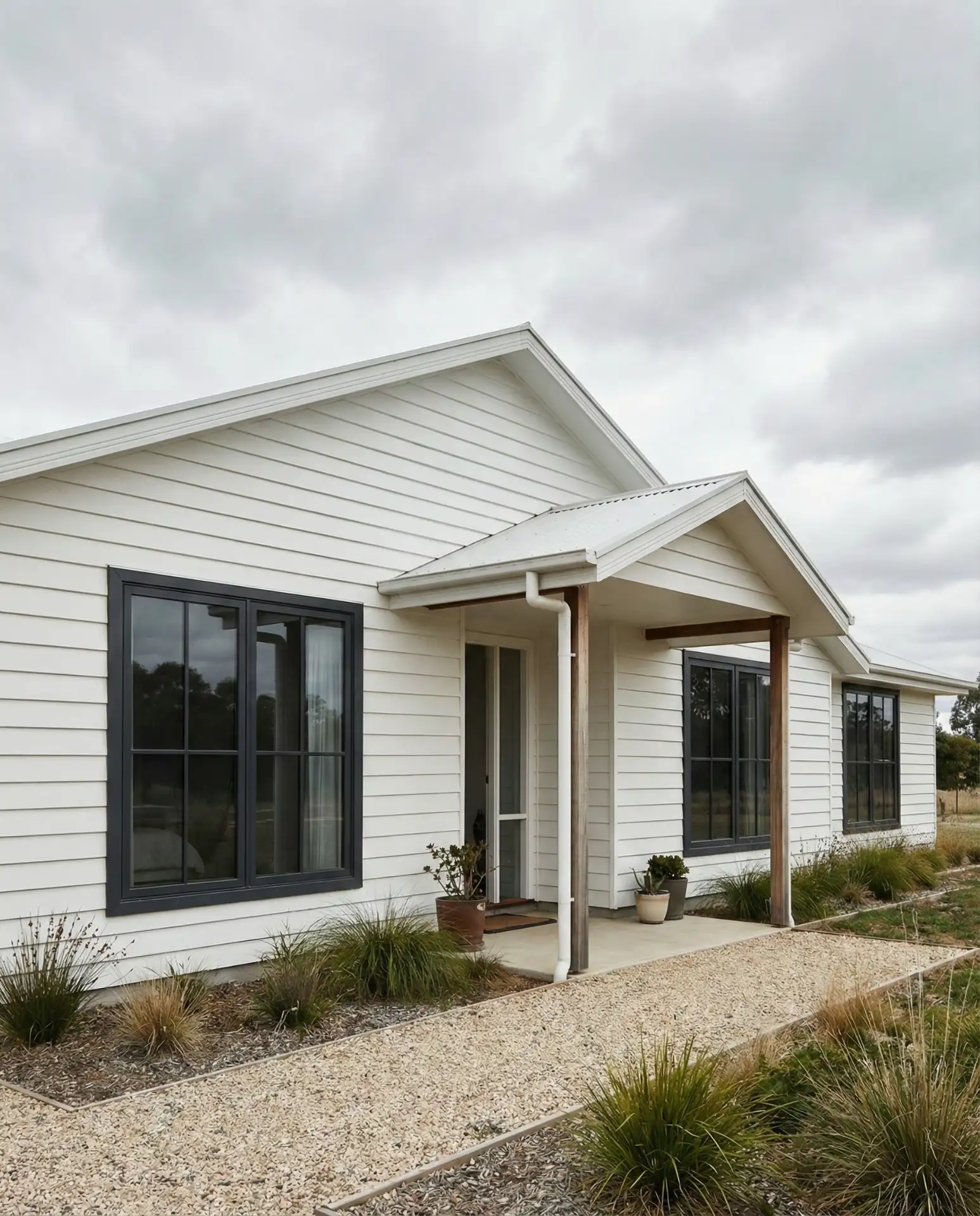 White Farmhouse with Dark Window Frames 1