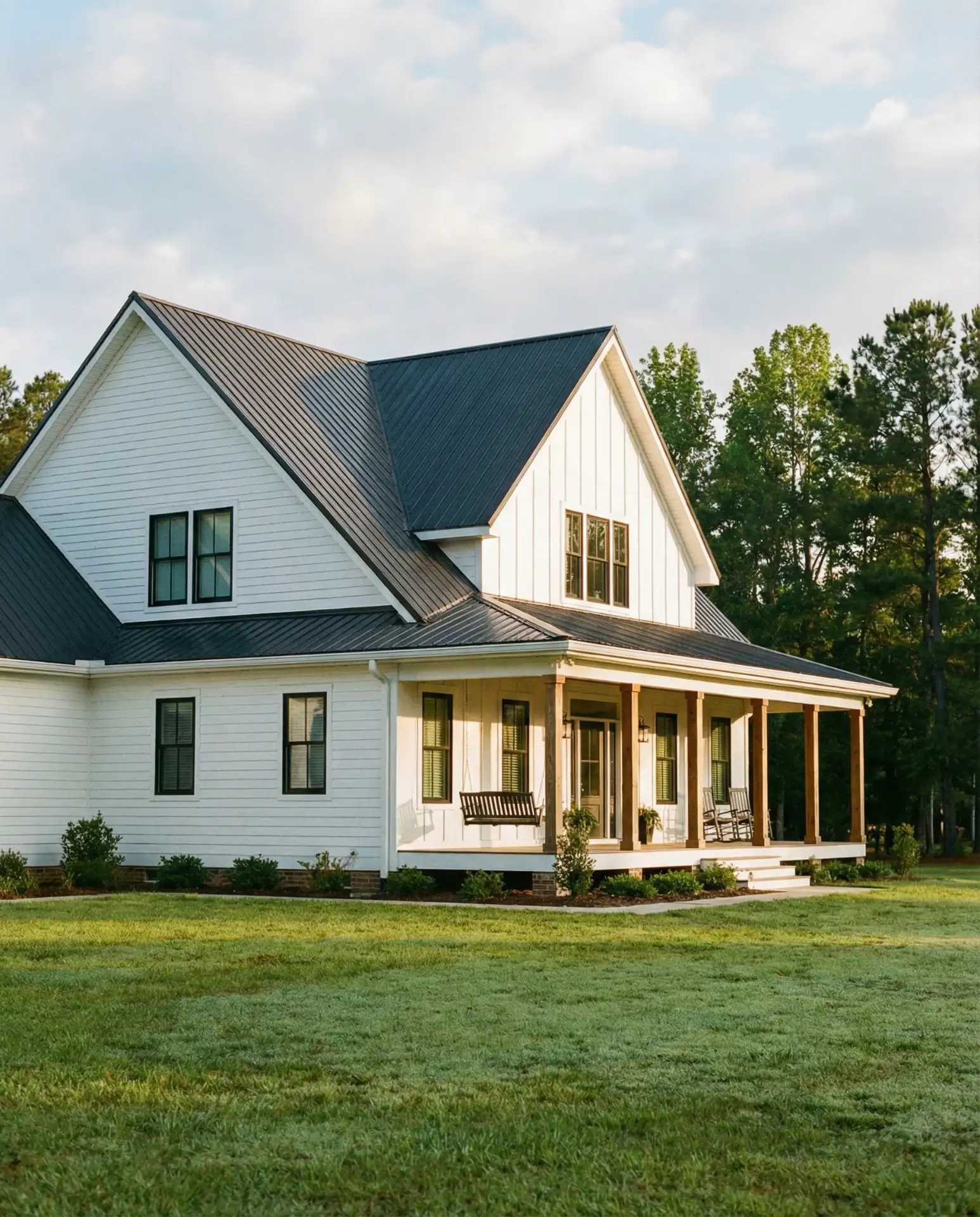 White Farmhouse with Dark Window Frames 2