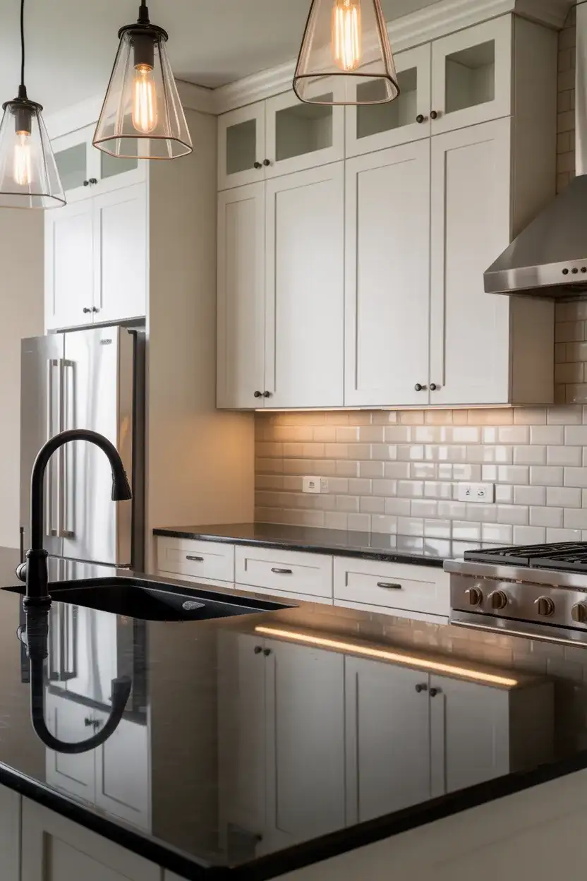 White Kitchen with Black Counter Drama 1